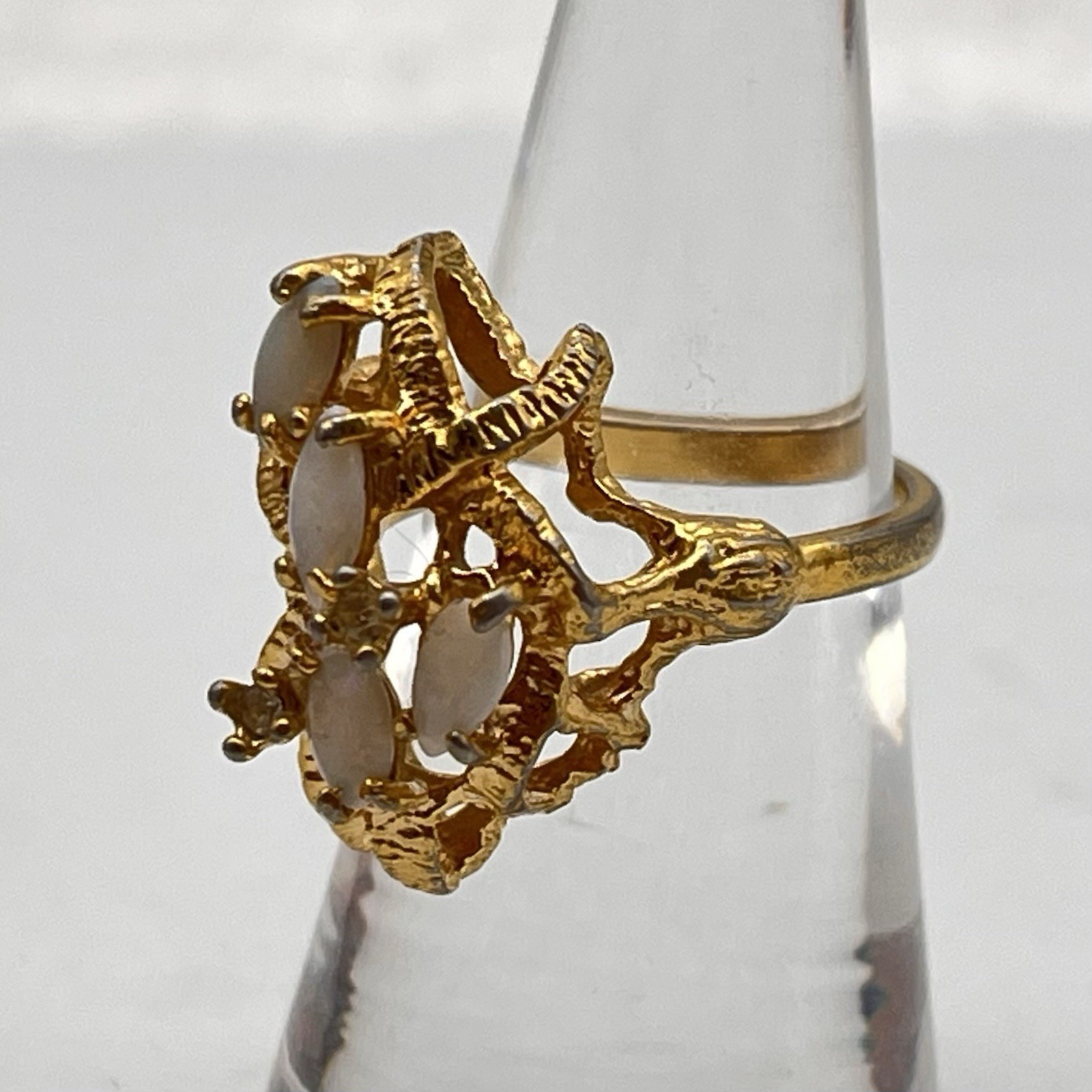 Vintage Brutalist Nugget Cocktail Ring 18k Gold Electroplated Opals AS IS Sz 5.5