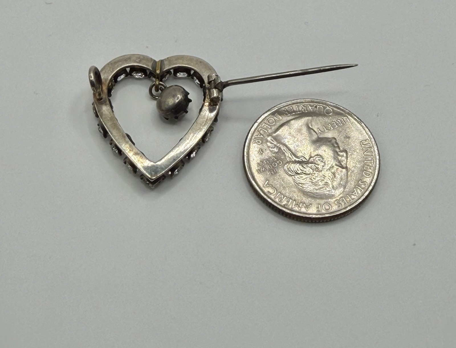Antique Victorian Clear Paste Stones Heart Silver Brooch & Paste Dangle Center