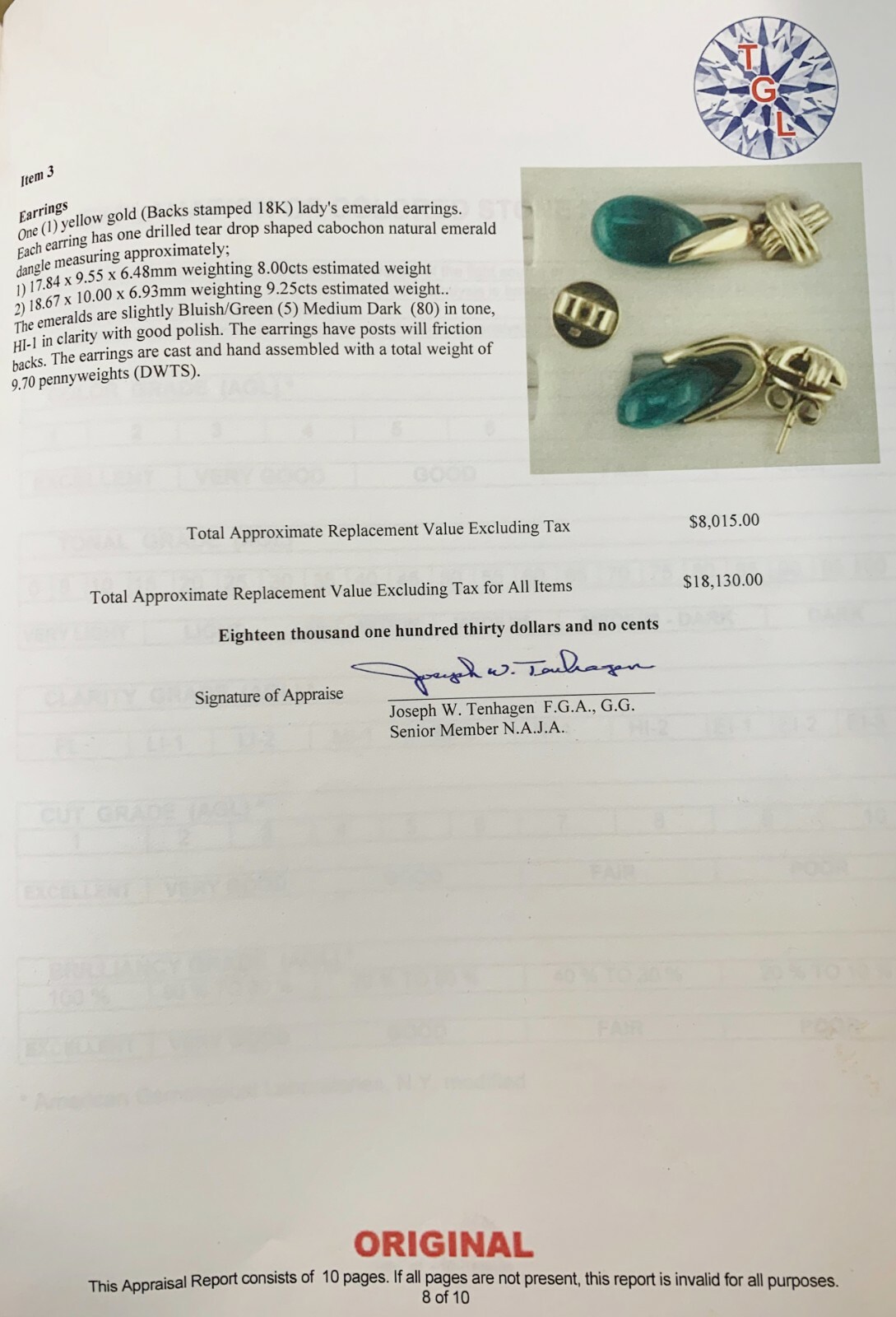CERTIFIED NATURAL COLOMBIAN EMERALDS 17.5 CTS IN 18K GOLD FINE EARRINGS~$8,015.0
