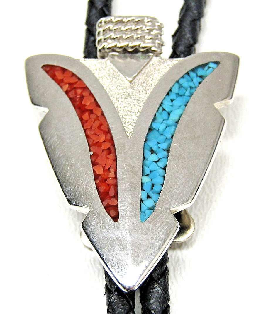 Vintage Southwestern Silver Tone Turquoise Coral Chip Inlay Bolo Tie Arrowhead