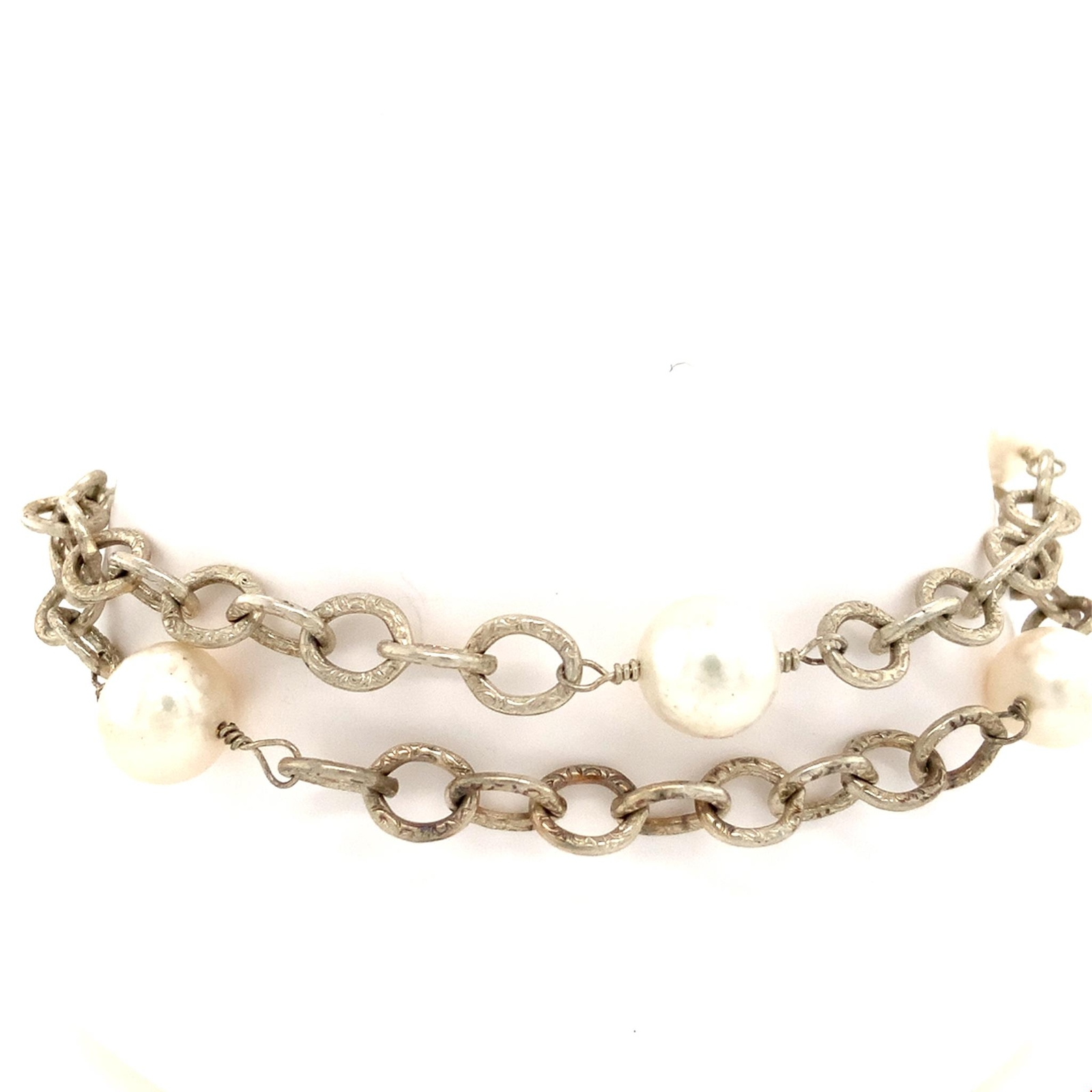 Vintage Signed Sterling Pearl Link Rolo Double Chain Designer Bracelet sz 7 3/4