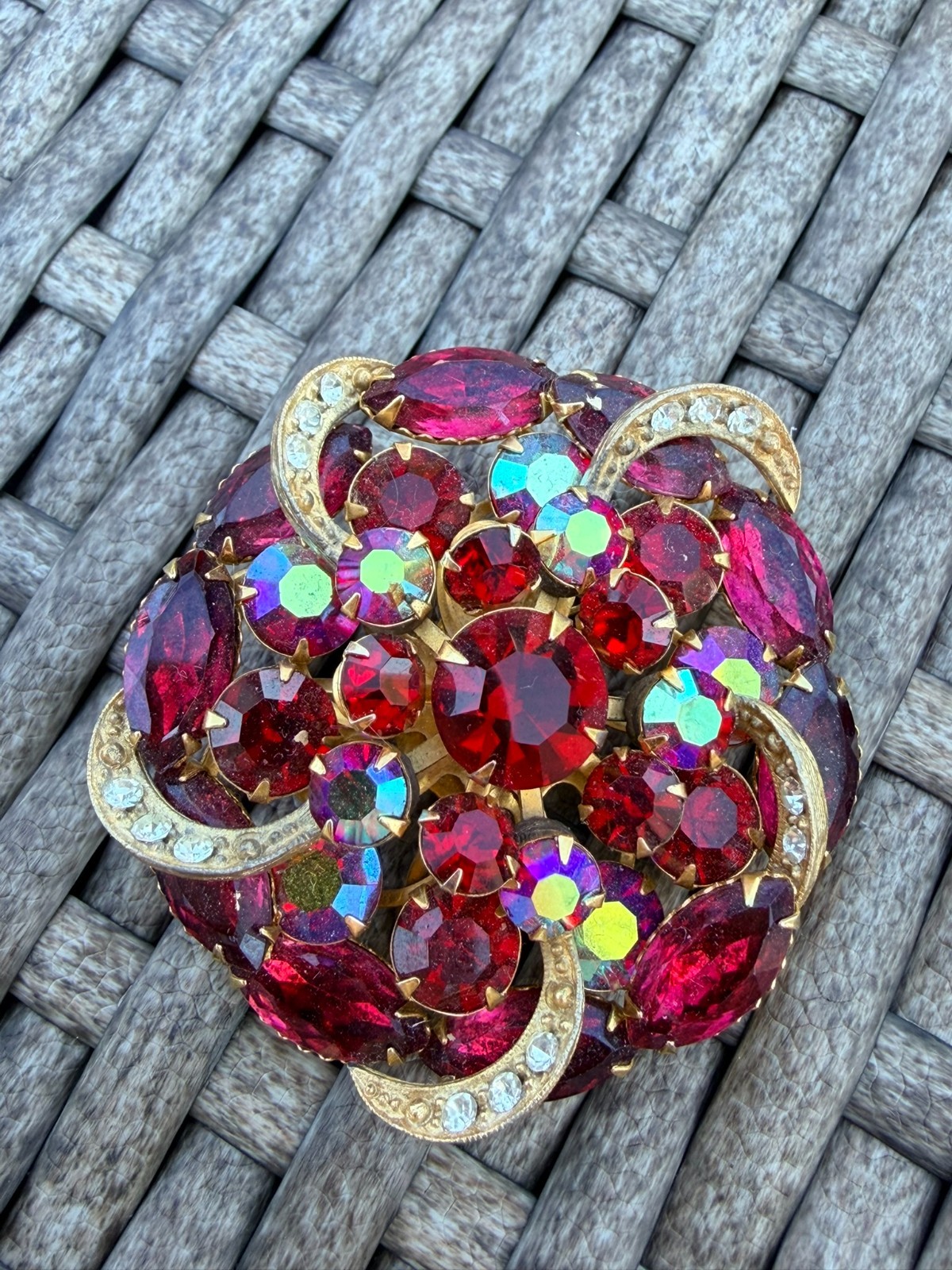 Vintage Ruby Red Fuchsia Navette Rhinestone Domed Brooch Pin Gold Tone AB Accent