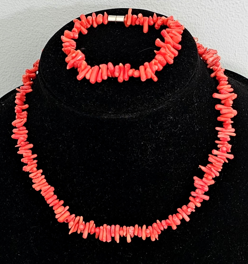 Vintage Red Branch Coral Dainty Necklace & Bracelet Set Retro Beachy Boho 16″