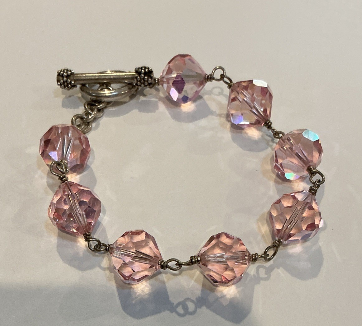 Vintage Pink Crystal Bicone Beaded 8” Bracelet Silver Toggle Clasp Non-Magnetic