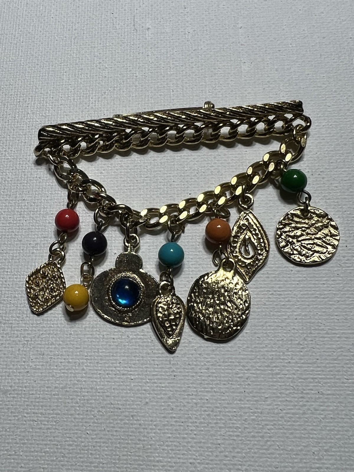 Dangle Bar Brooch Pin Gold Tone Assorted Gemstone charms Retro Vintage beaded