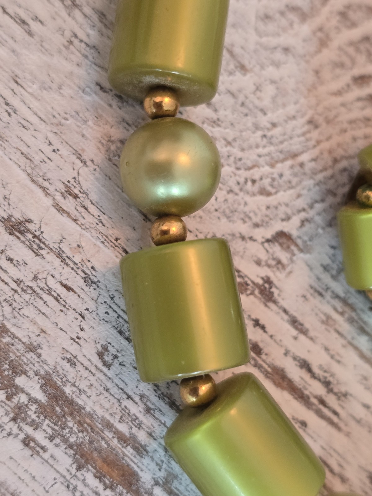 Vintage Lime Green Lucite Necklace Clip Earrings Set Rhinestone Spacer 16″ #450