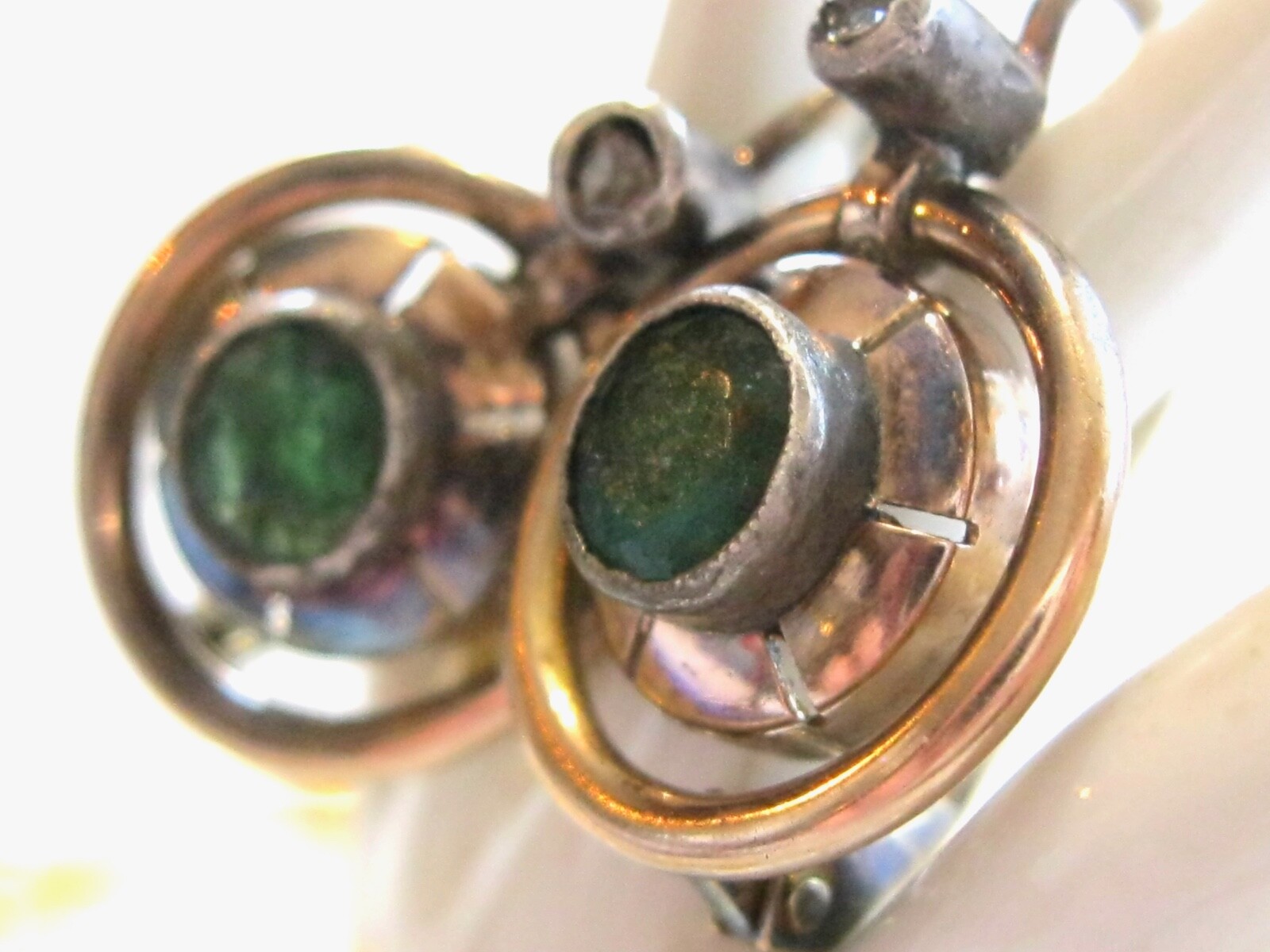 ANTIQUE CIRCULAR EMERALD AND ROSE CUT DIAMOND LEVER BACK GOLD EARRINGS 14K GOLD