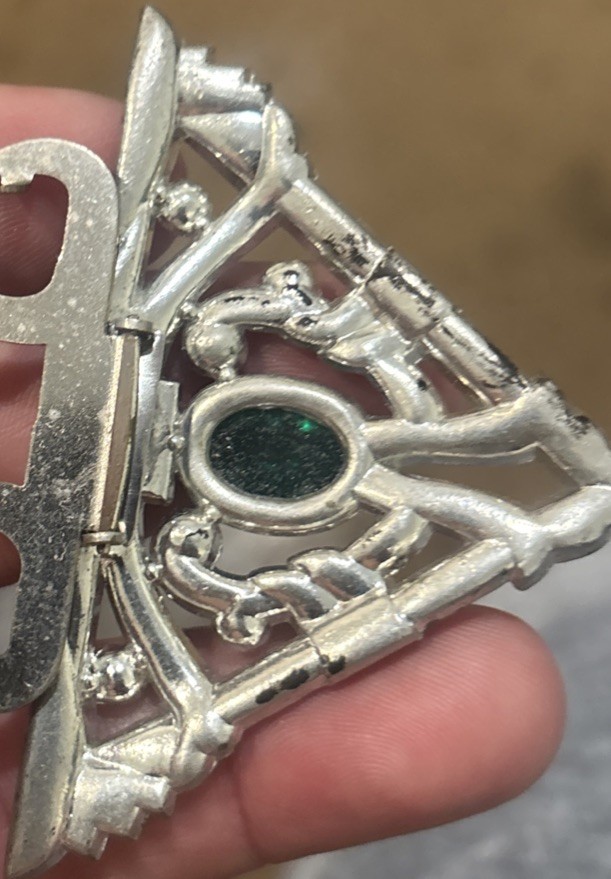 Vintage Art Deco Silver Tone Clear Rhinestone Green Glass Fur Dress Clip