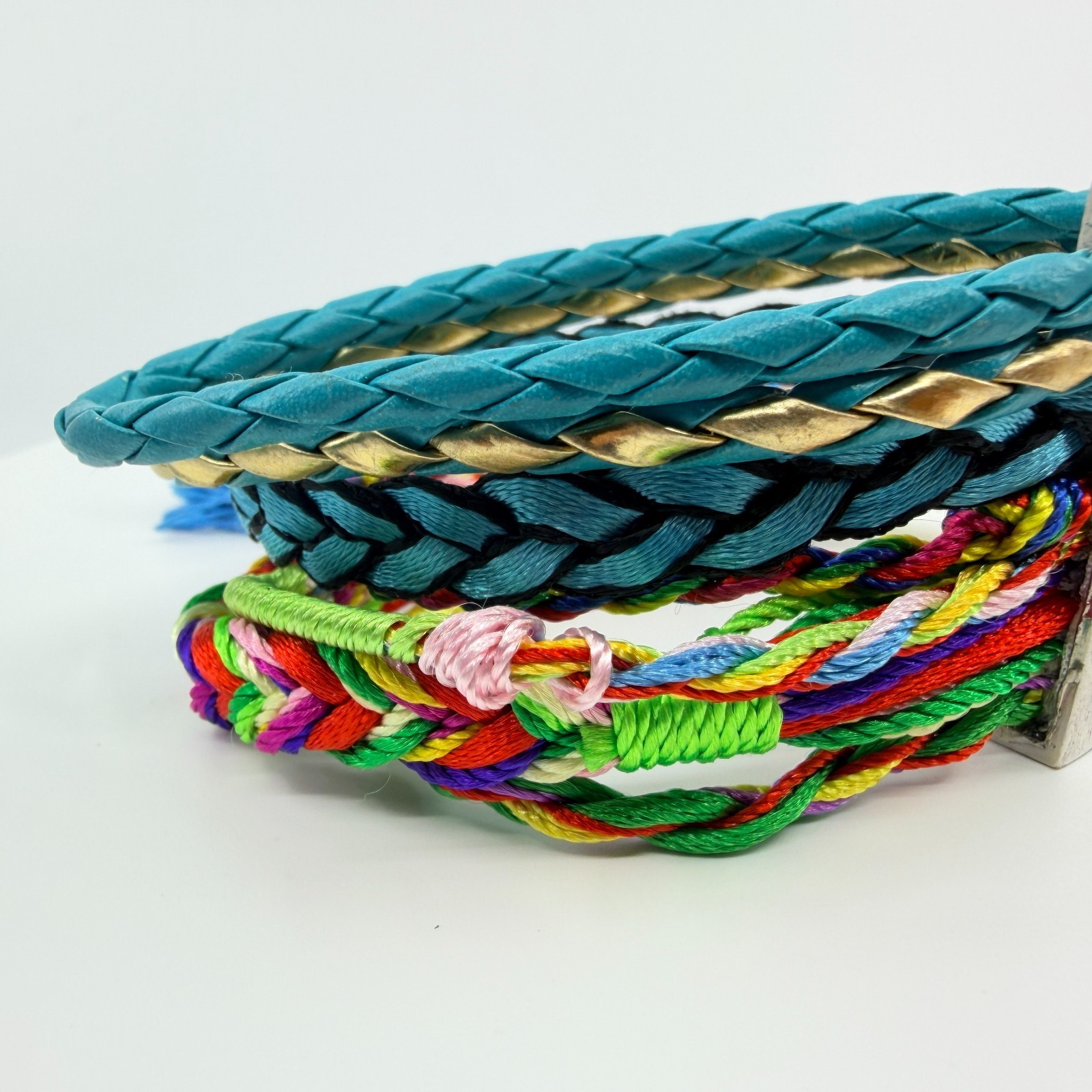 Vintage Blue Teal Multi Strand Braided Wrap Bracelet Tassels Magnetic Clasp Boho