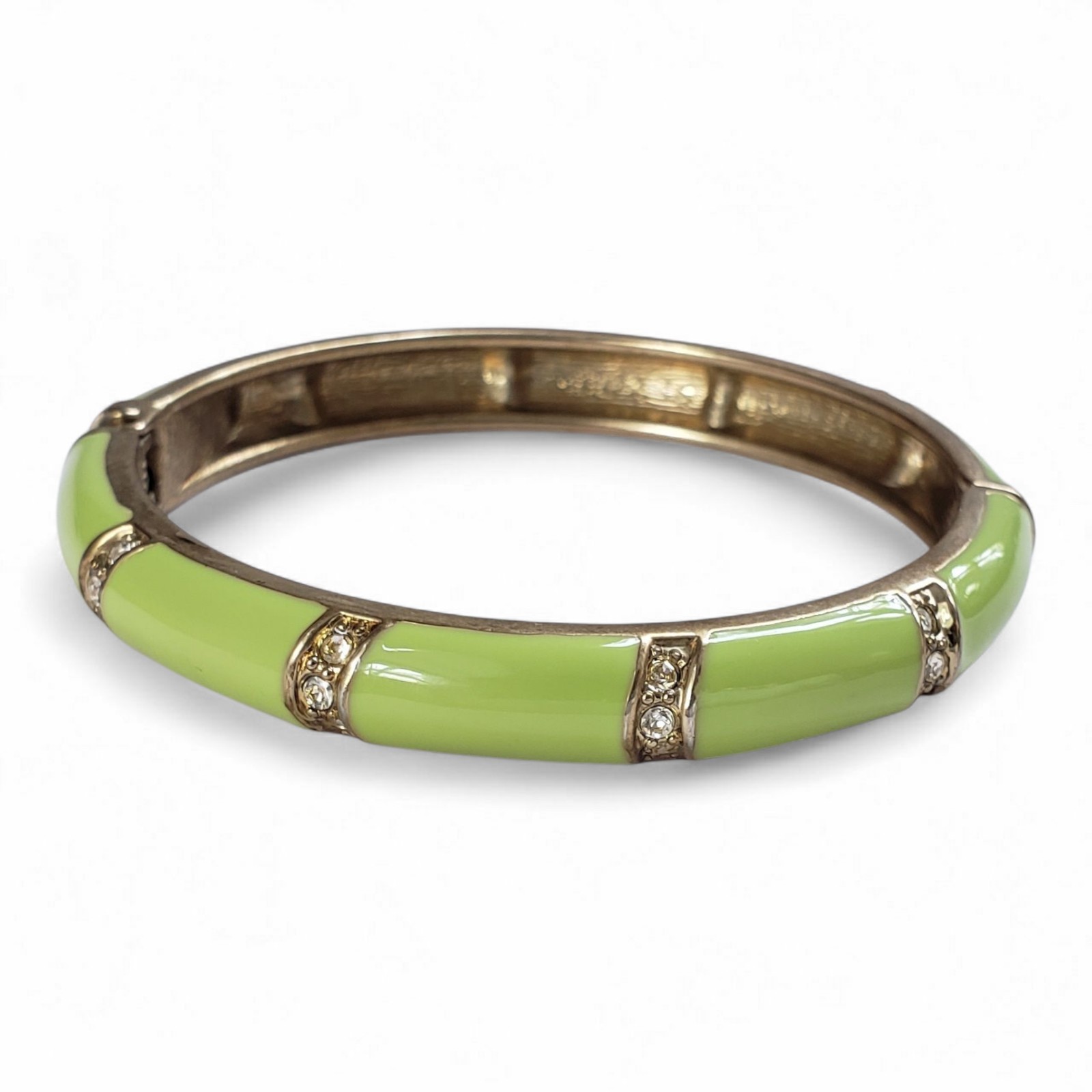 Vintage Glossy Lime Green Enamel & Clear Rhinestones Hinged Bangle Bracelet