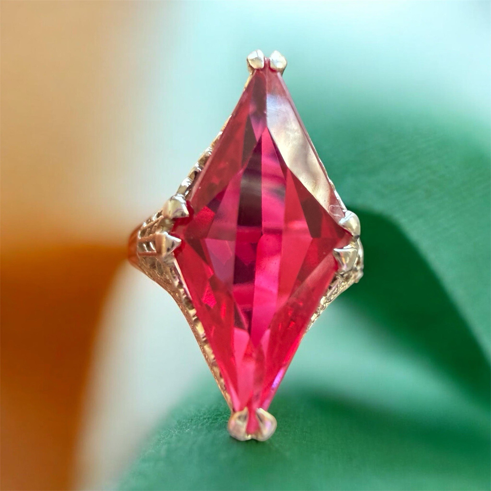 Antique Art Deco 14k White Gold Filigree Ring with a Kite Cut Ruby lab created