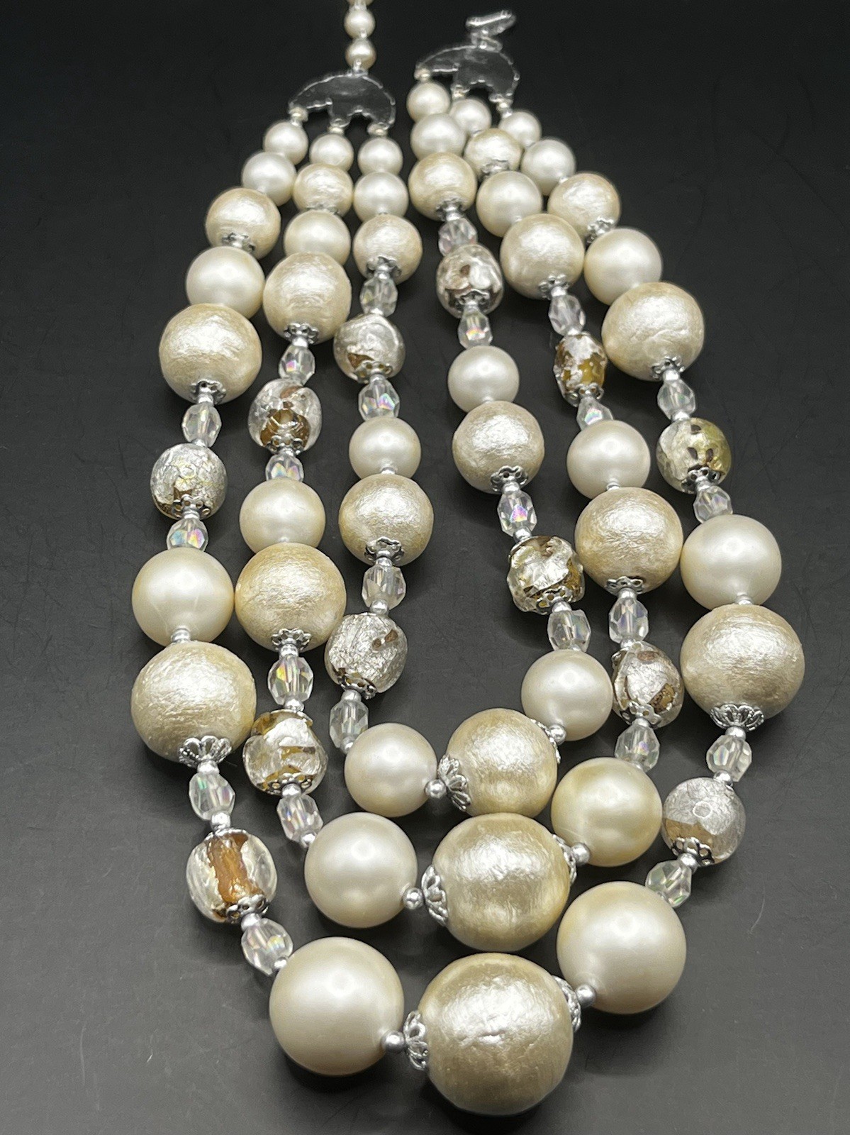 Vintage Japan Necklace Faux Pearls AB Beads Graduated Triple Strand *READ NOTES