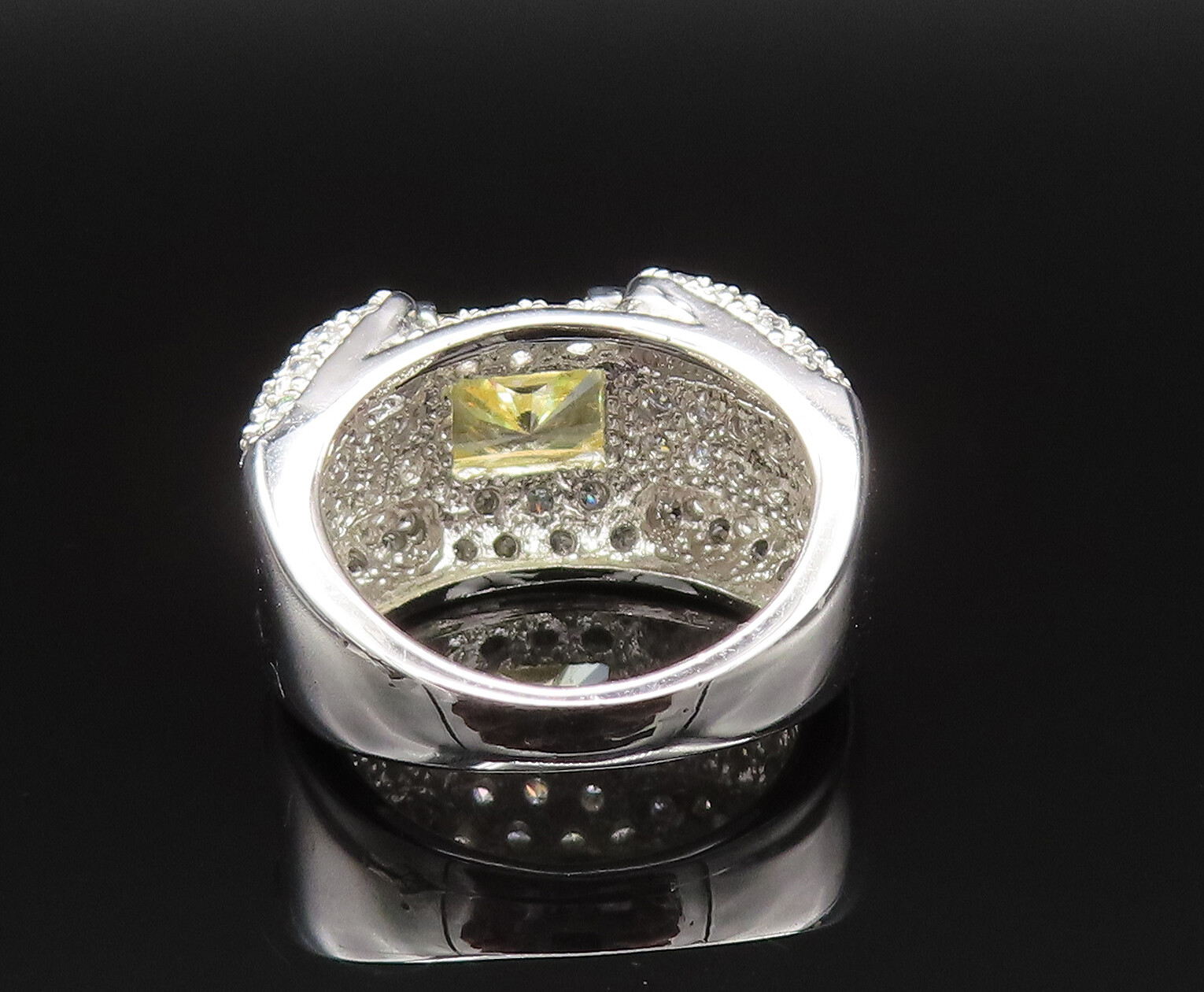 925 Silver Vintage Emerald Cut Citrine & Cubic Zirconia Ring Sz 7.5 RG25498