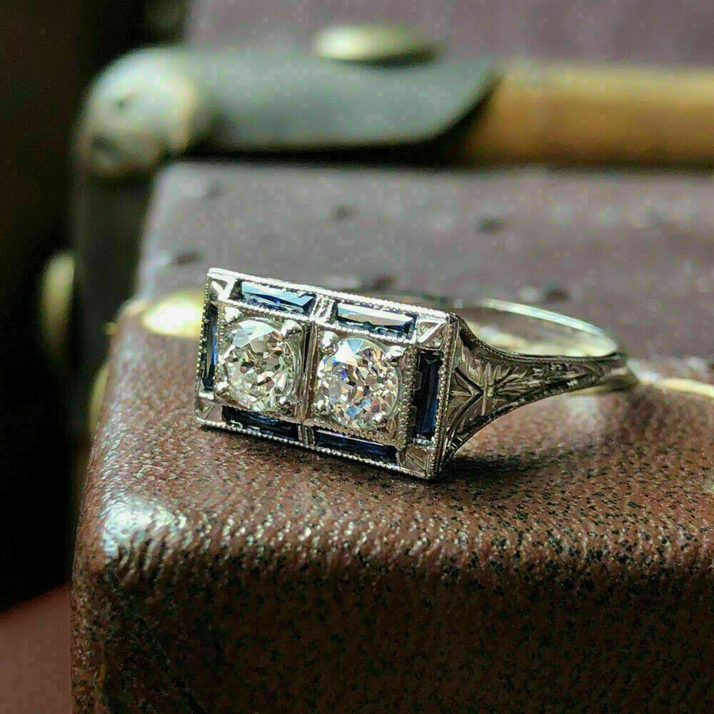 Two Stone 1/2Ctw White Round Cut CZ Antique Art Deco Wedding Ring In 925 Silver