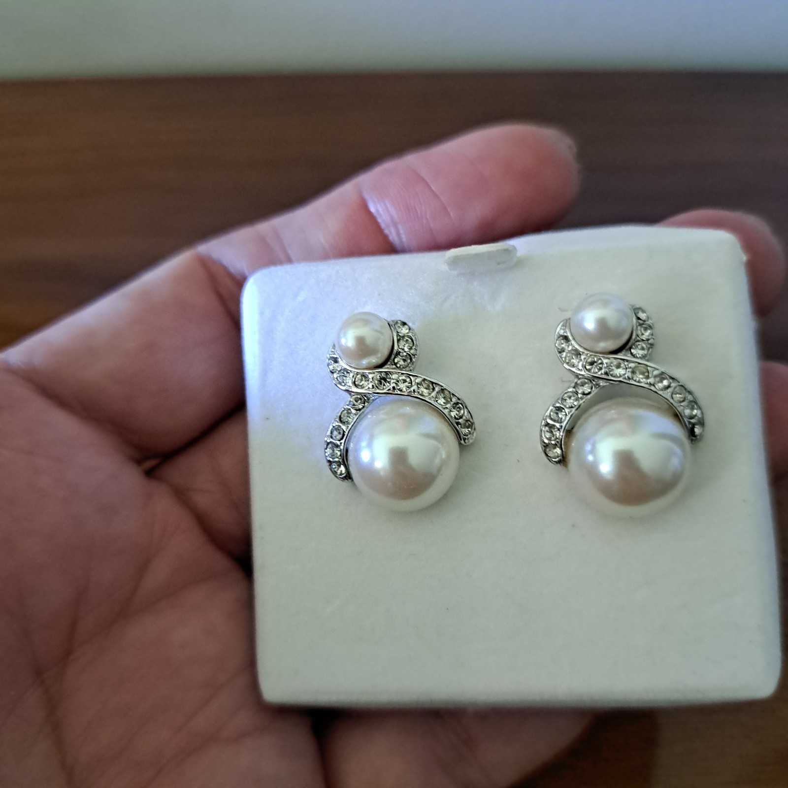 White Faux Two Pearl Stud Earrings Silver Tone With Little Rhinestons Pierced