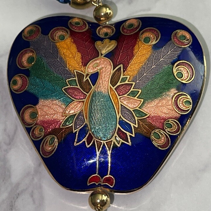 Blue Cloisonne Double Sided Peacock Pendant Necklace Tassel MM-39