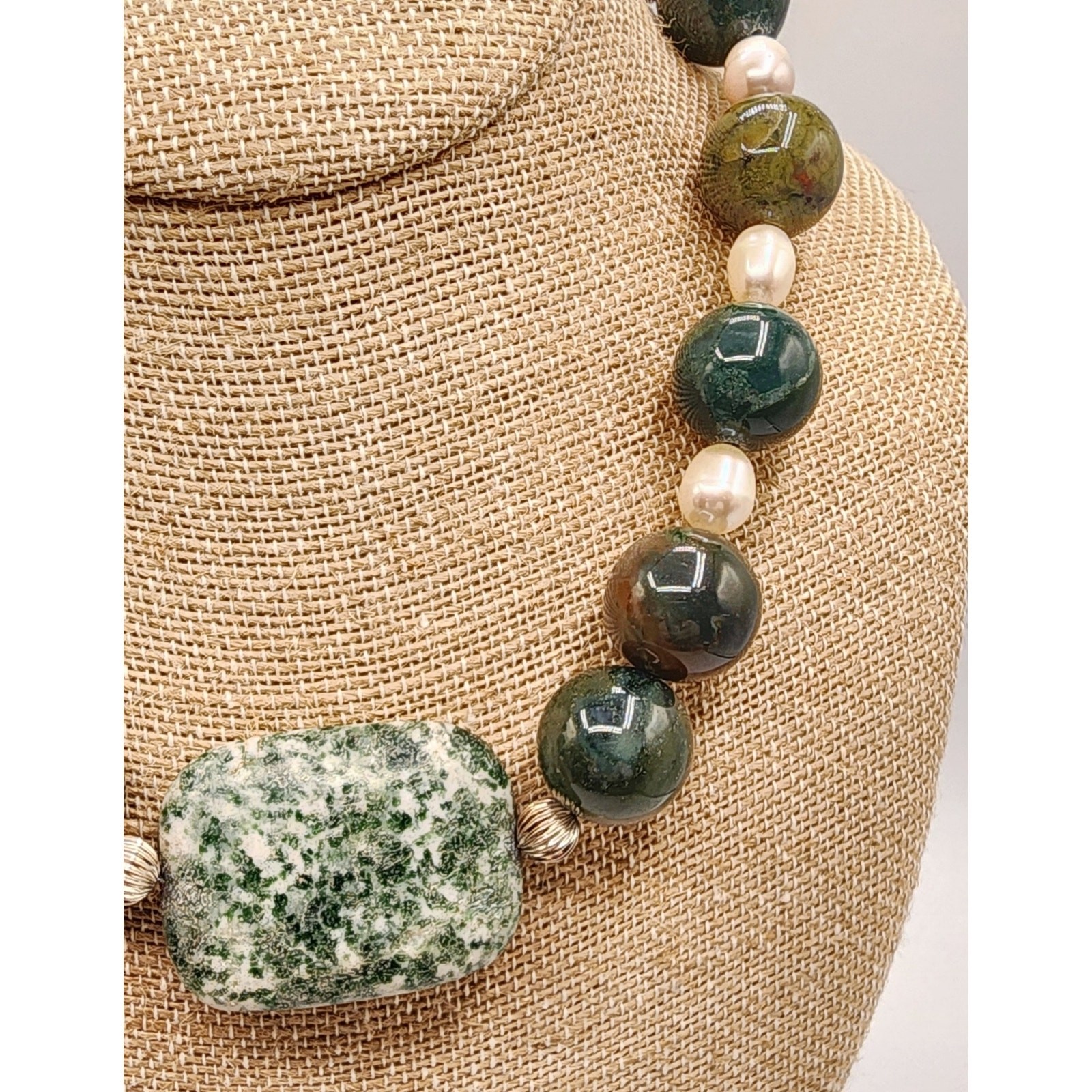 Vintage Artisan Agate & Pearl Necklace w/ Green Spot Jasper and Sterling Clasp