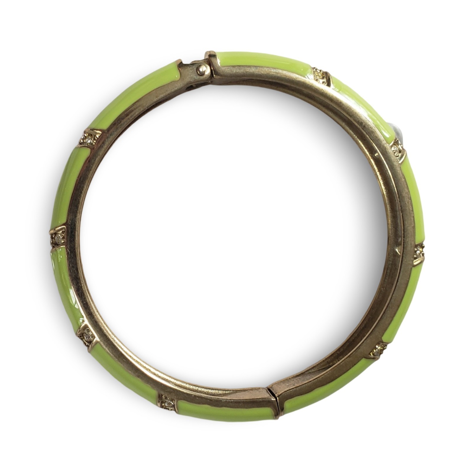 Vintage Glossy Lime Green Enamel & Clear Rhinestones Hinged Bangle Bracelet