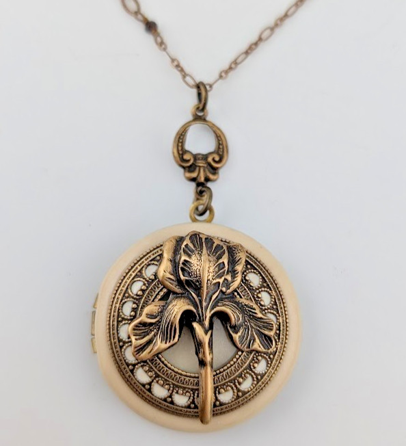 BRASS IRIS FLOWER LOCKET enamel art nouveau style photo pendant bronze chain B6