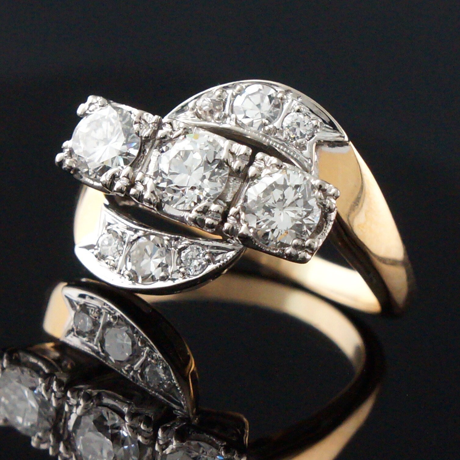 Retro Deco Solid 14K & Platinum, 1.15 Ctw Diamond Wedding Band, Anniversary Ring