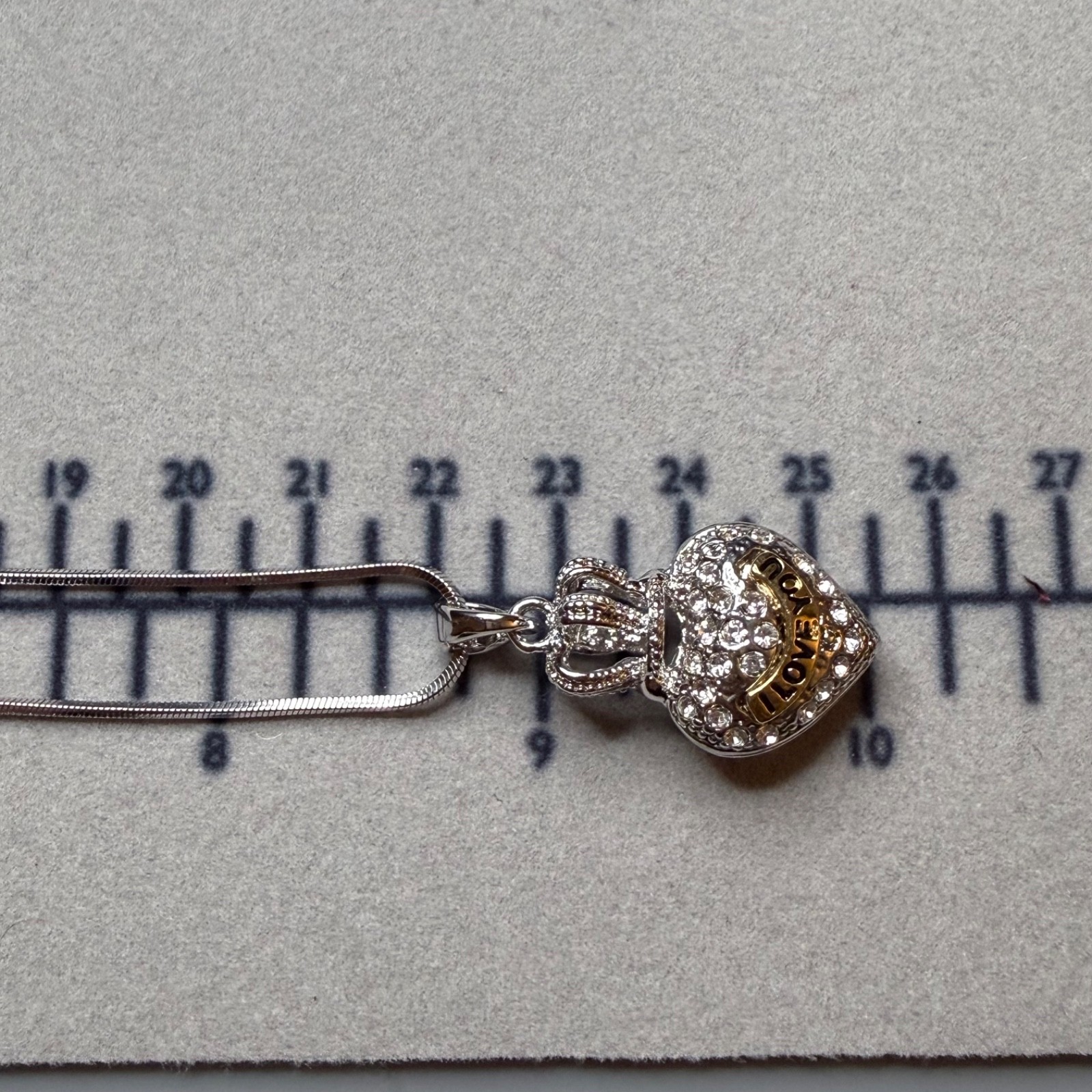 Rhinestone Crown Heart Silver & Gold Tone I LOVE YOU Pendant Necklace Y2K 2000s