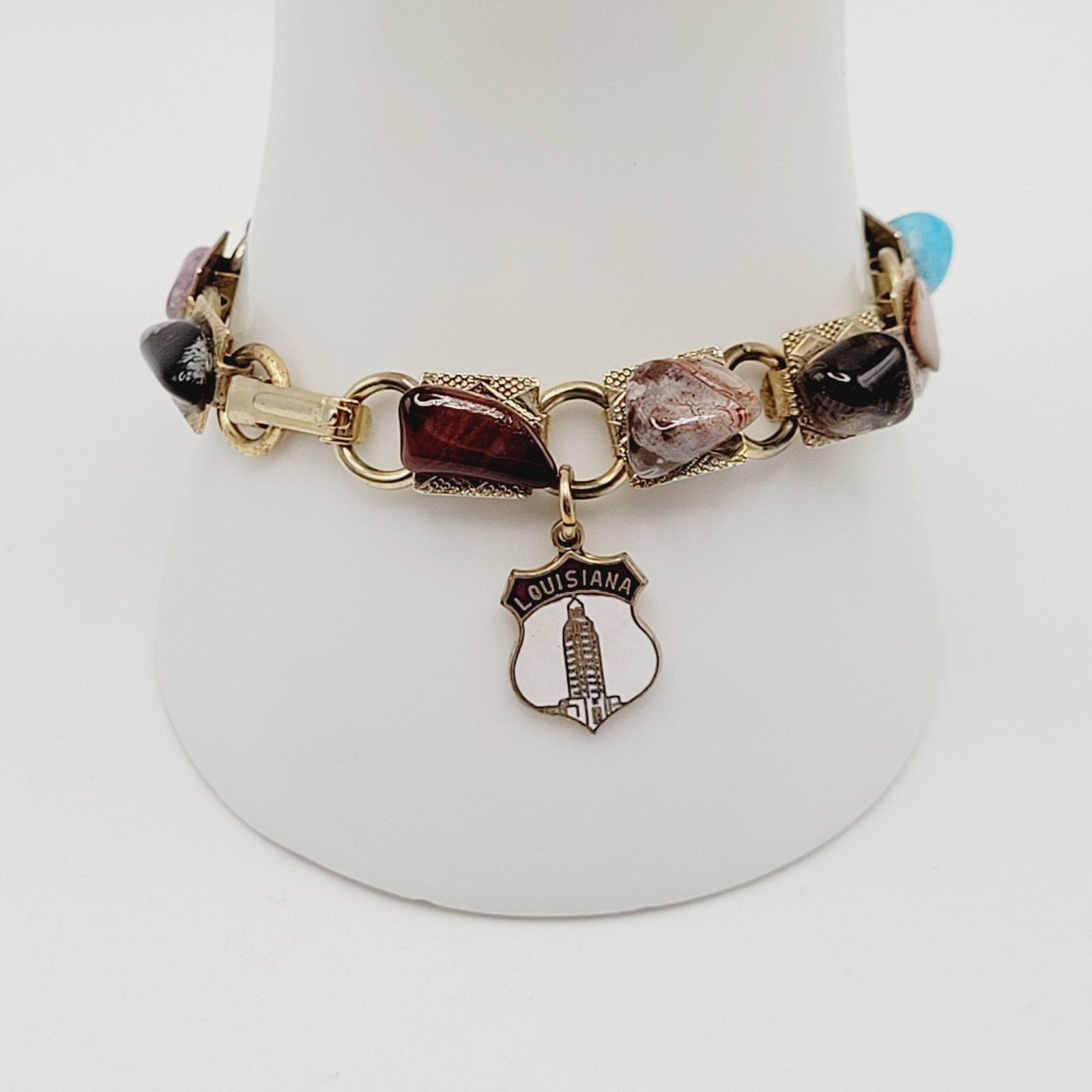 Souvenir Louisiana Natures Worldwide Polished Gemstones Gold Tone Vtg Bracelet