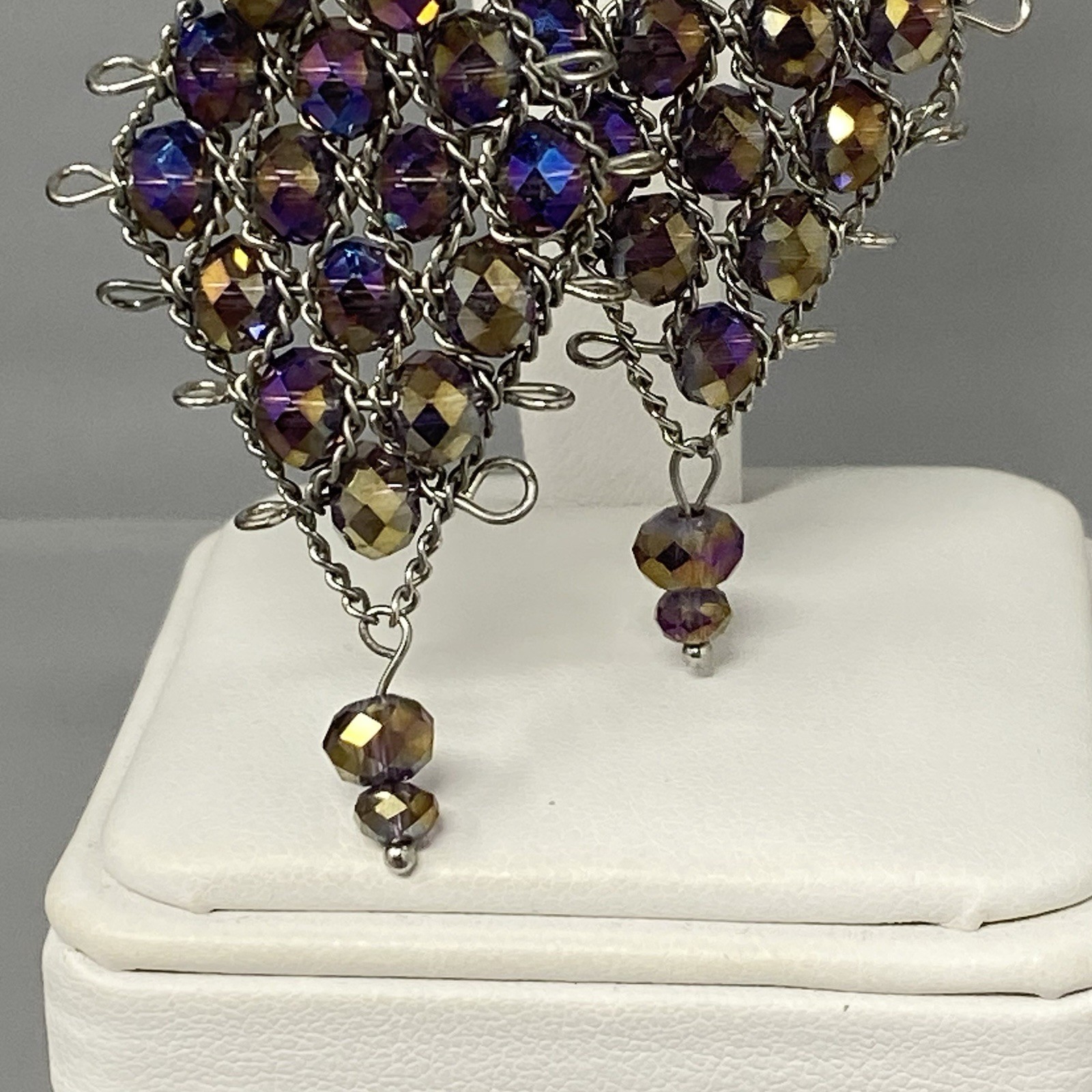 Purple Chandelier Dangle Earrings Pierced Peacock Surface Coated Wire Woven 3″