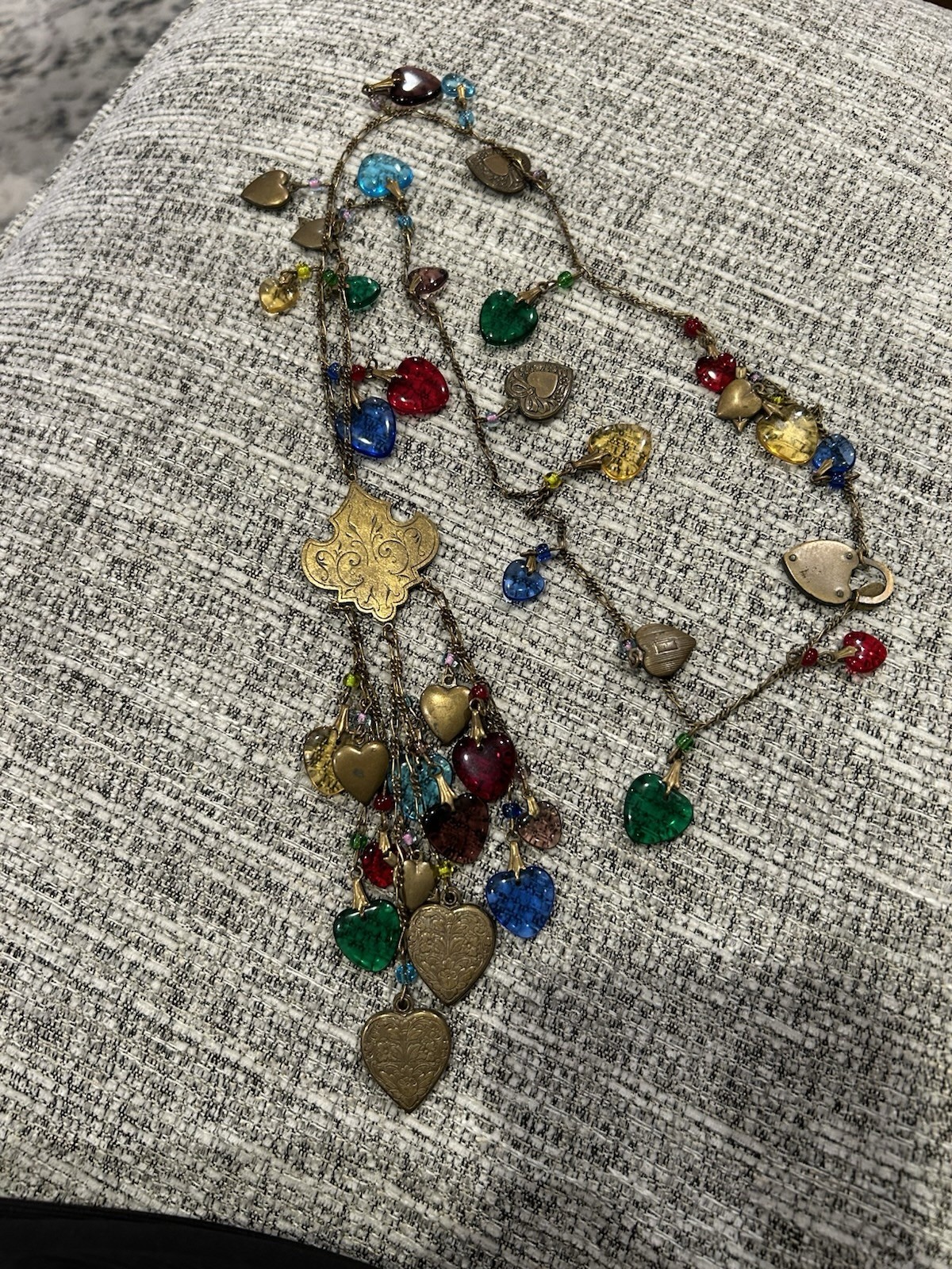 Signed Vintage Glass Works Studio Long Necklace Colored Glass Hearts Victorian