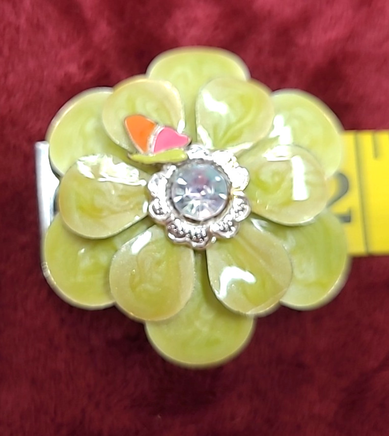 Vintage Lime Green Enamel Flower Broock w Tiny Butterfly