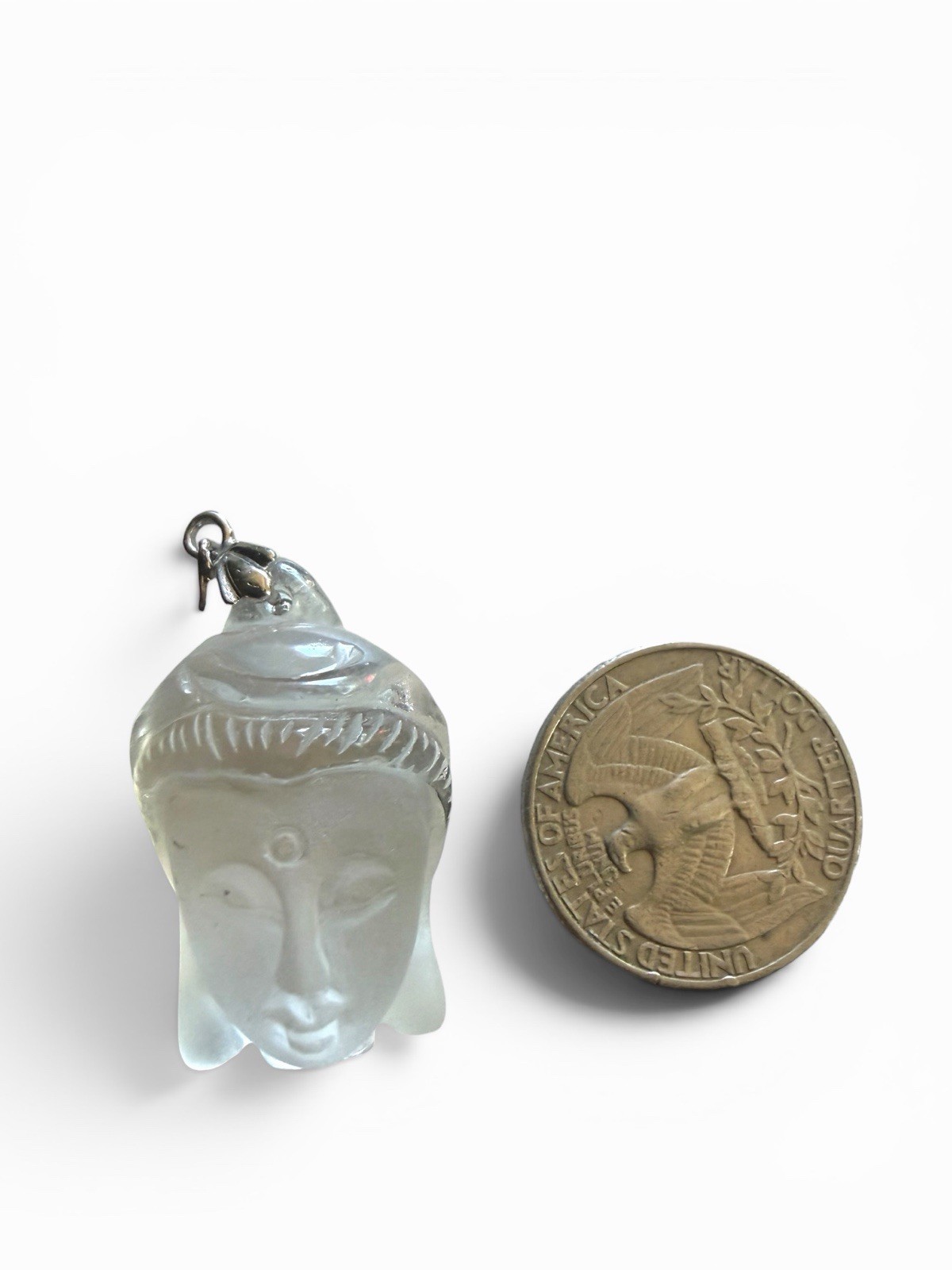 Vintage Frosted Crystal Buddha Head Pendant 18K GP Bail Smooth Carved Figure