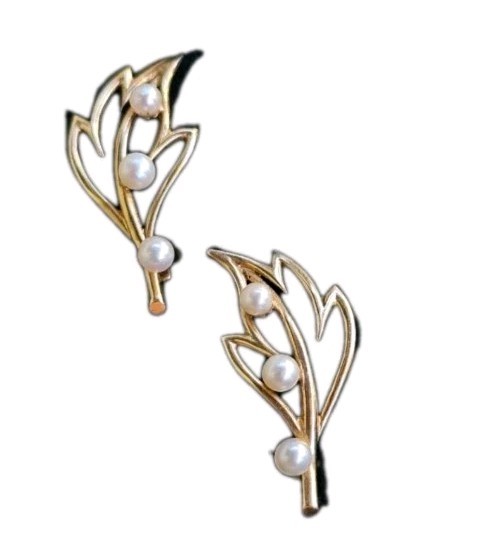 14K Yellow Gold Pearl Clip On Earrings Vintage Leaf Floral Designer 5.3 gm