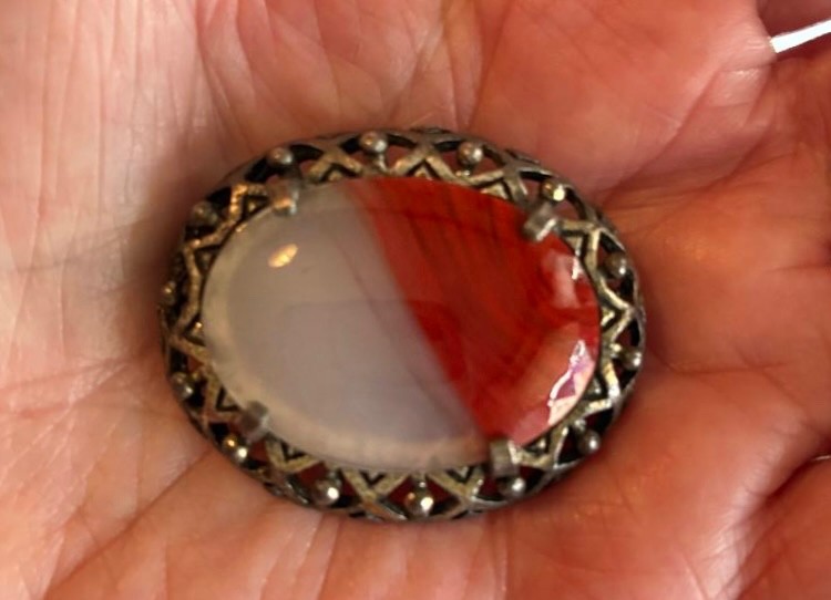 Vintage brooch signed Miracle, lovely agate setting,pewter metal,PRICE REDUCED