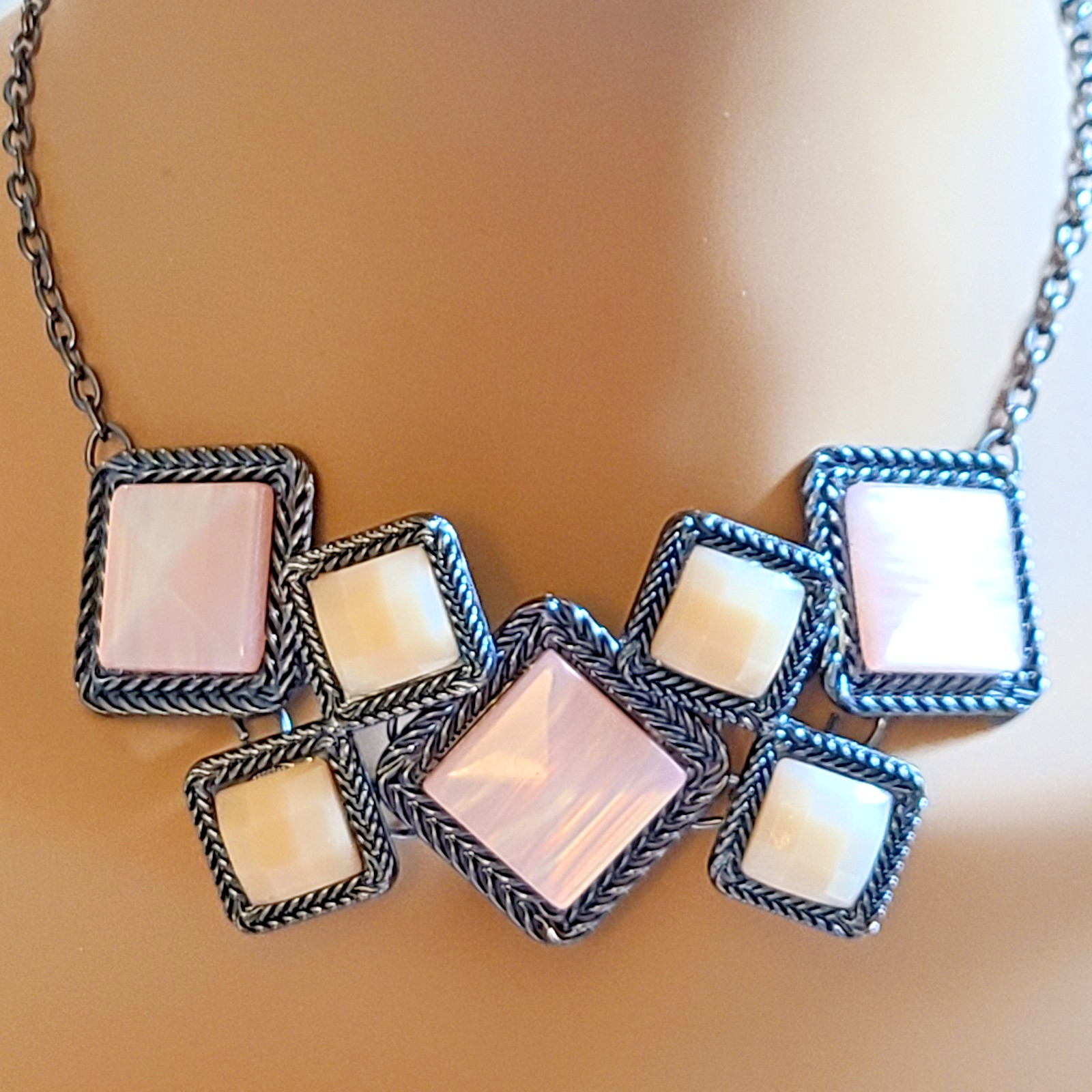 NY Collection Geometric Statement Necklace Gunmetal Pink White Shell Cabochons