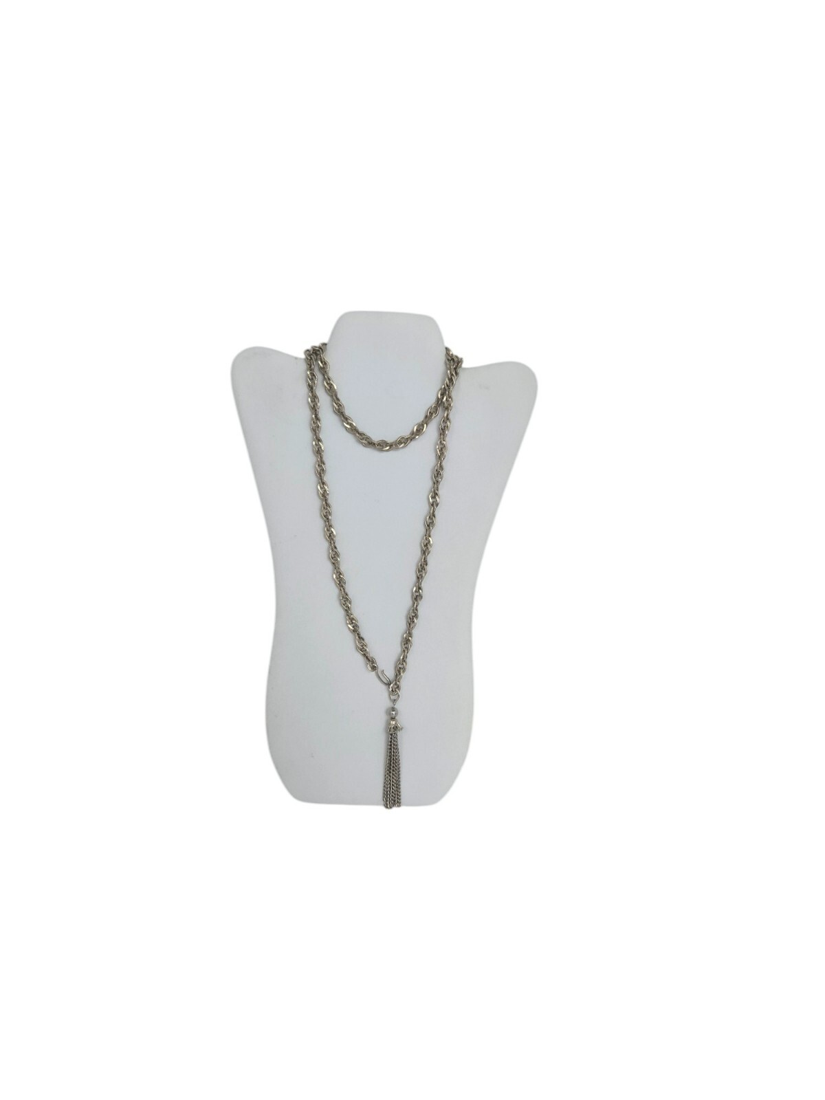 Vintage Gold Tone Textured Link 40″ Necklace w/ J Hook and Tassel