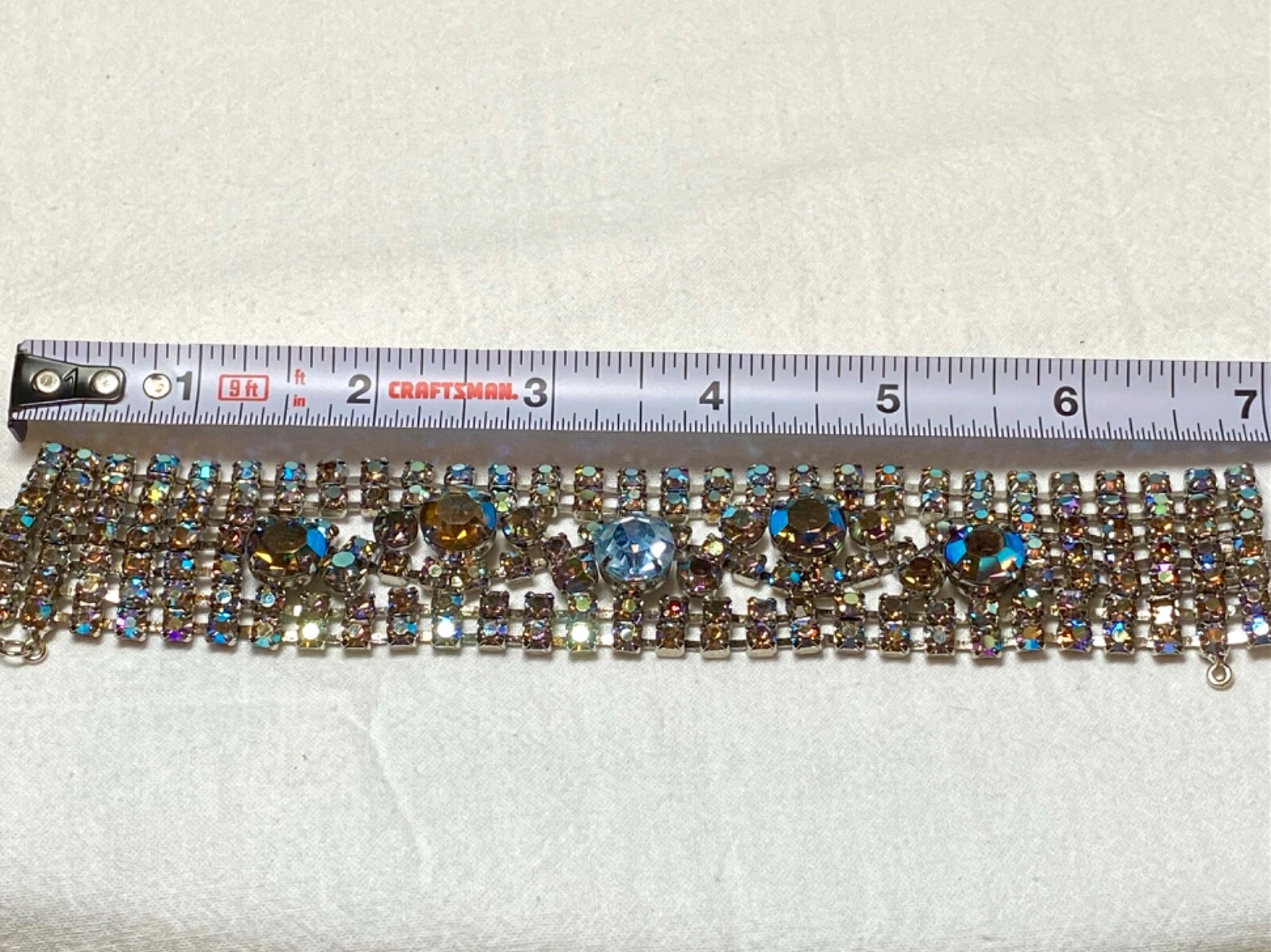 Vintage 7″ x 1″ blue ab possibly Juliana? safety chain missing two sm stones