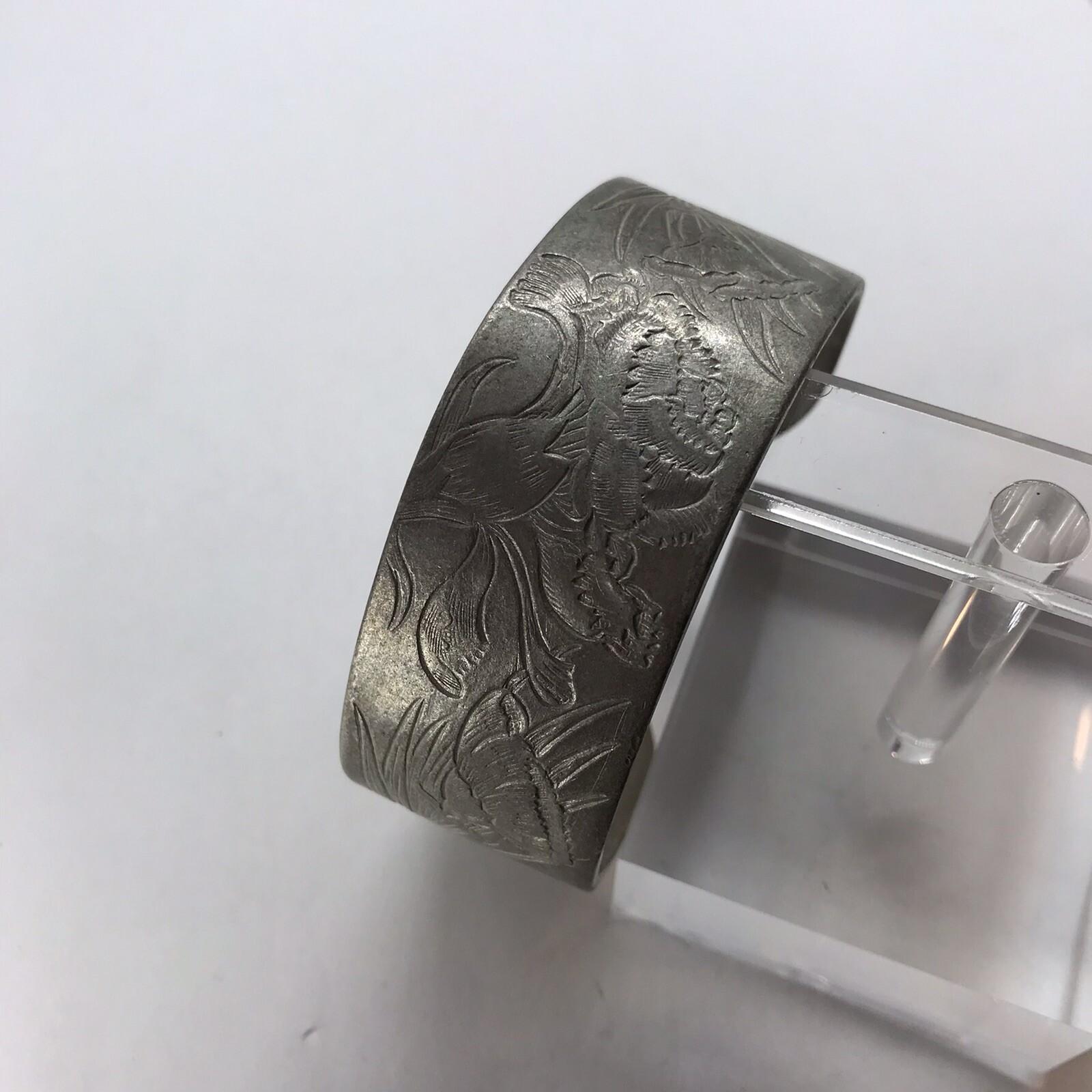 Vintage Cuff Bracelet Salisbury Pewter January Flower Birth Month Etched Metal
