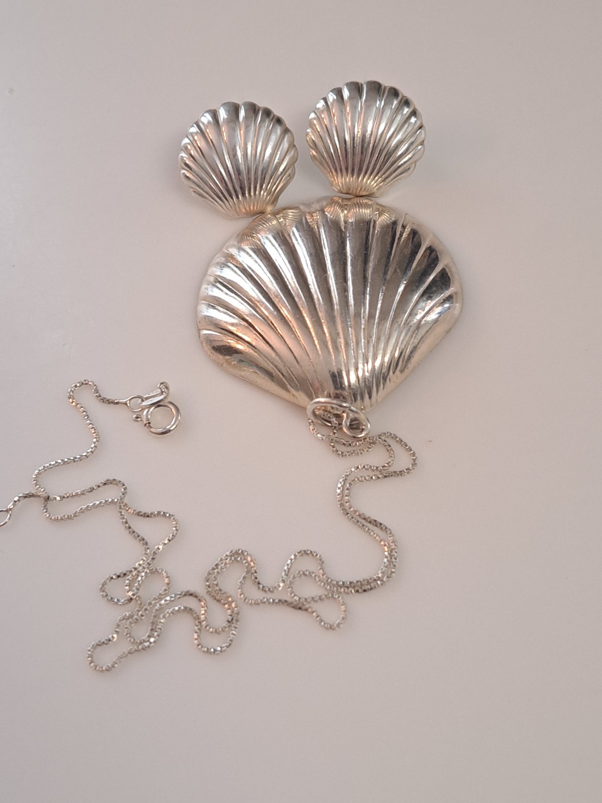 VTG Puffy Shell Necklace Sterling & Scallop Earrings Set Coastal 925 Beach Sea