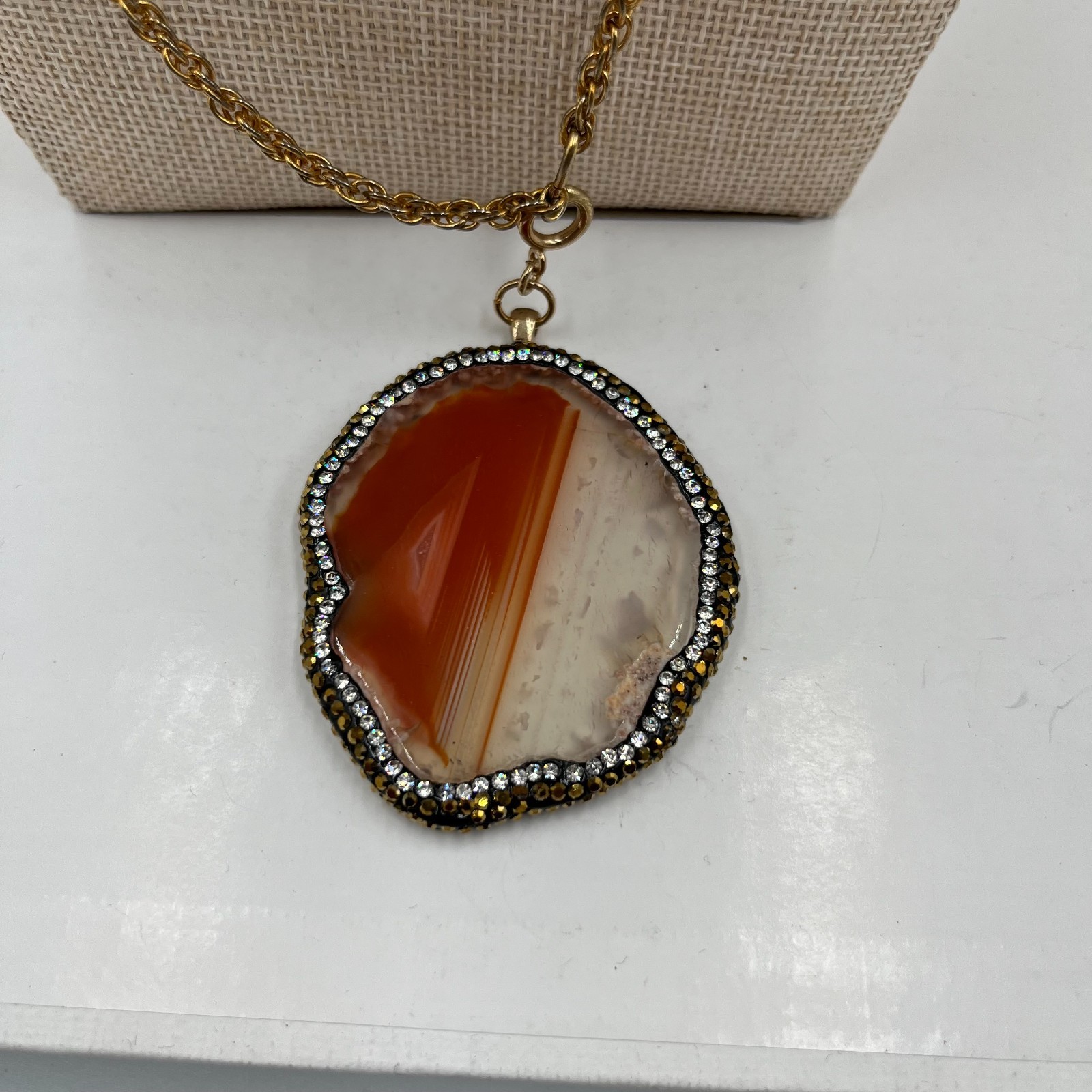 Vintage Banded Agate Slice Pendant Necklace Gold Tone Orange White Geode Boho