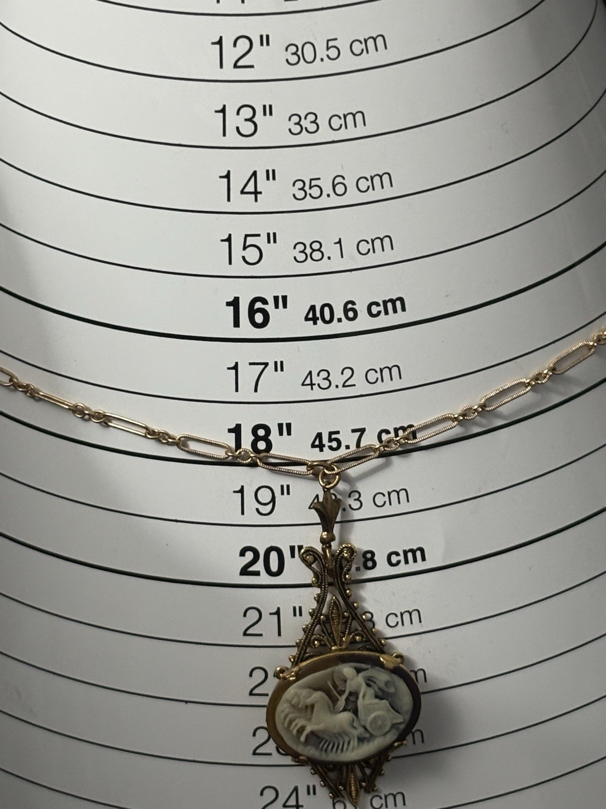 victorian Revival Cameo Pendant Necklace Gold Tone equestrian Horse Chariot 19”