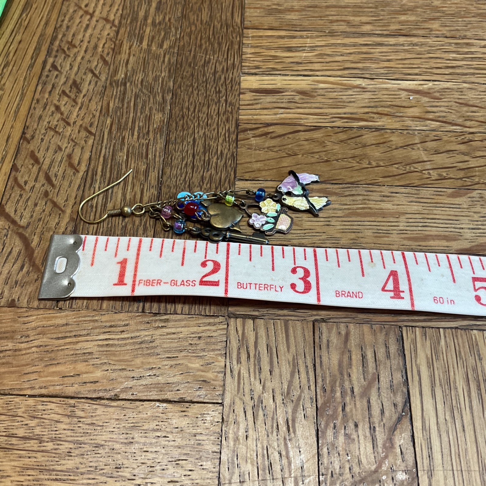 Vintage Glass Works Studio Asymmetrical Charm Earrings Birds Keys Hearts