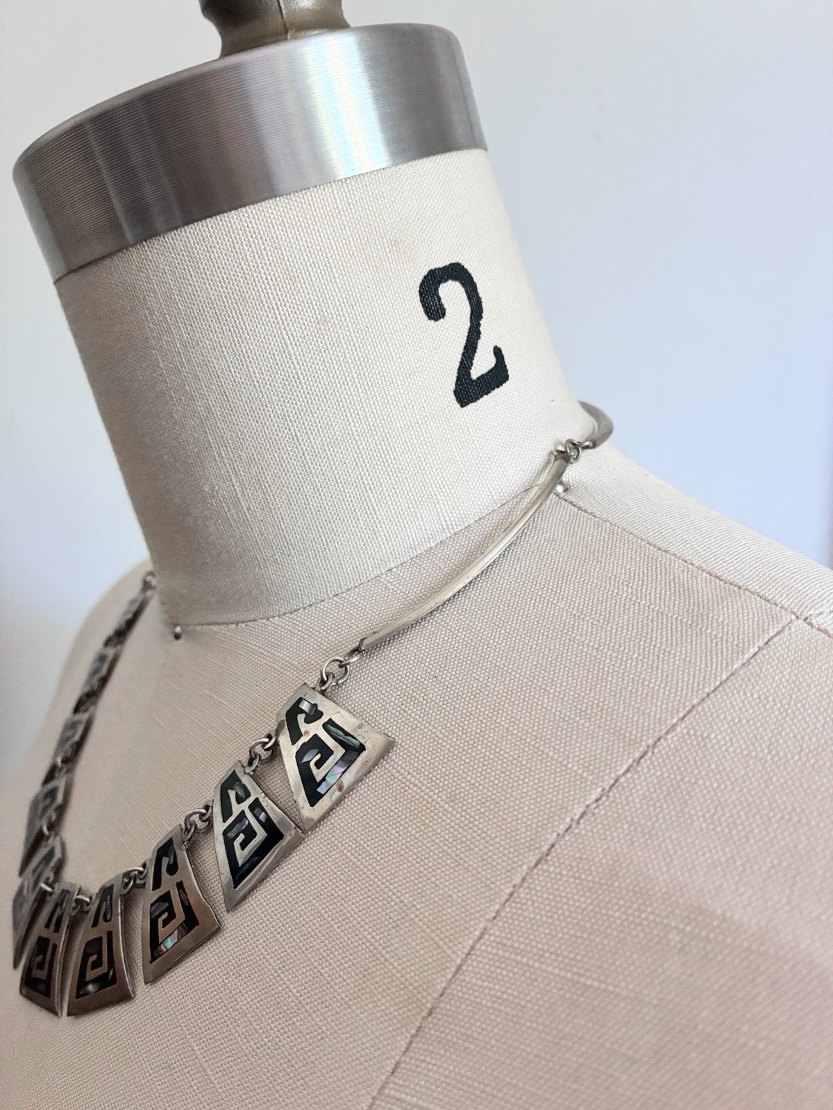 Vintage Alpaca Silver Necklace Choker Inlay Abalone Mexico Stamped 17″ Clasp