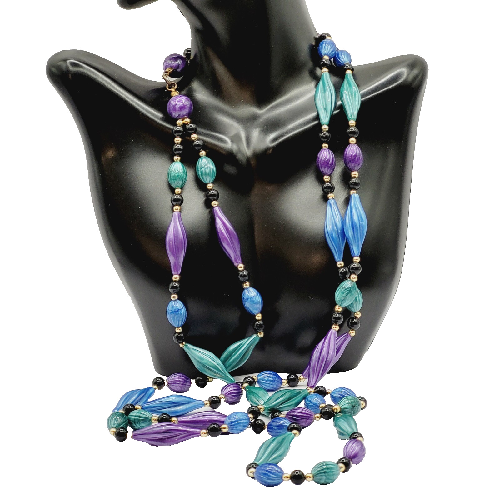 Peacock Colors Purple & Blues Gold Tone Acrylic Lucite Beaded Vintage Necklace