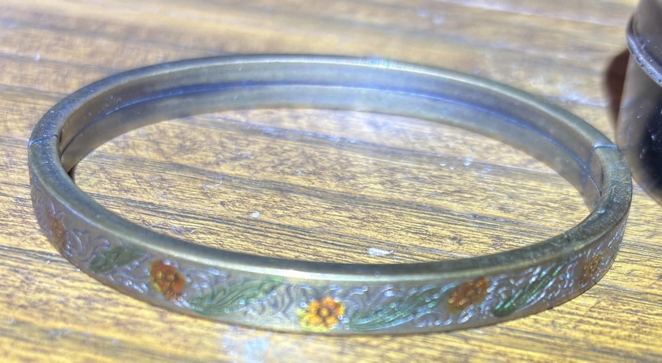 Antique Vintage Circa 1920-1930’s Portrait Tin and Floral Hinged Bangle Bracelet