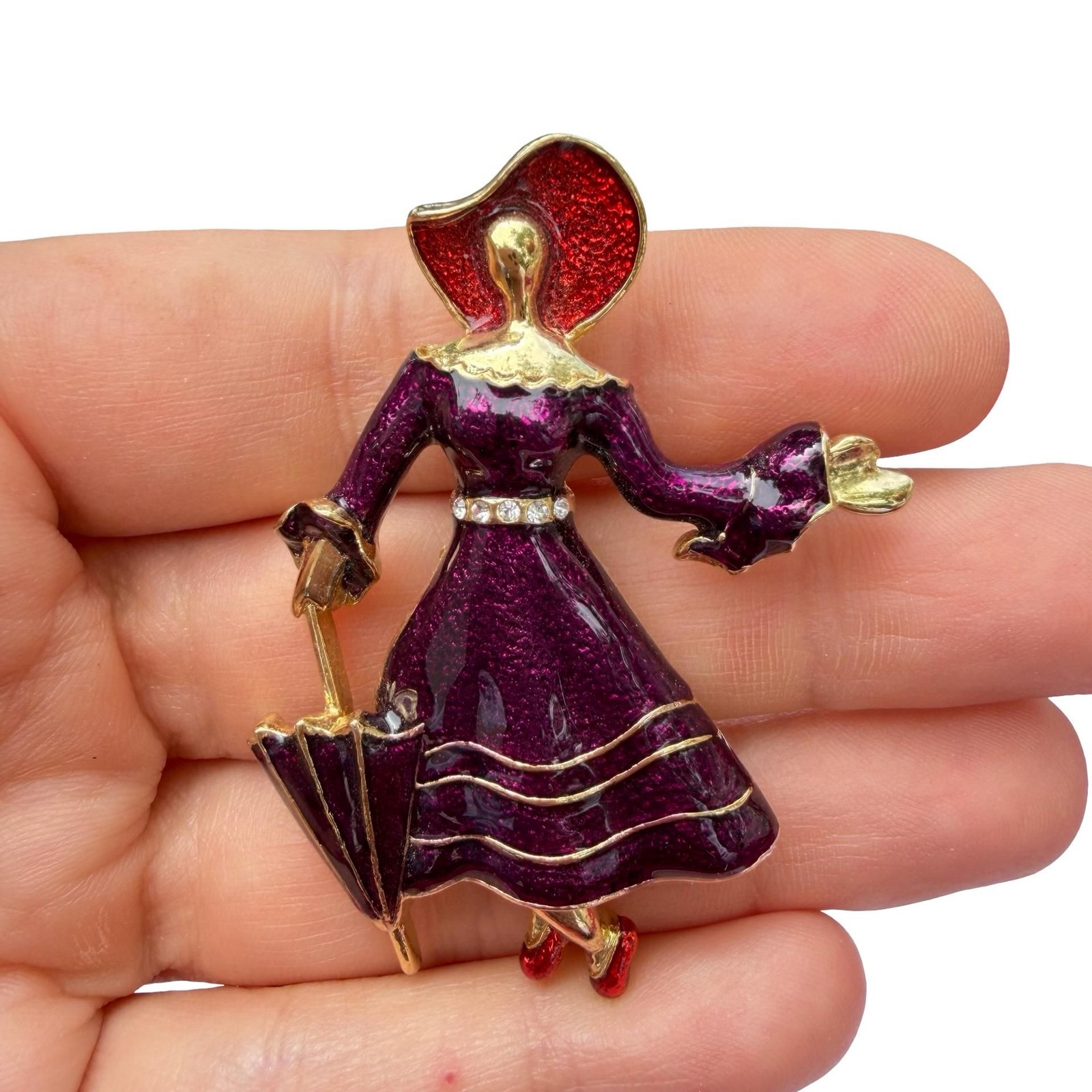 Vintage Jewelry Red Hat Society Brooch Lady Figure Pin