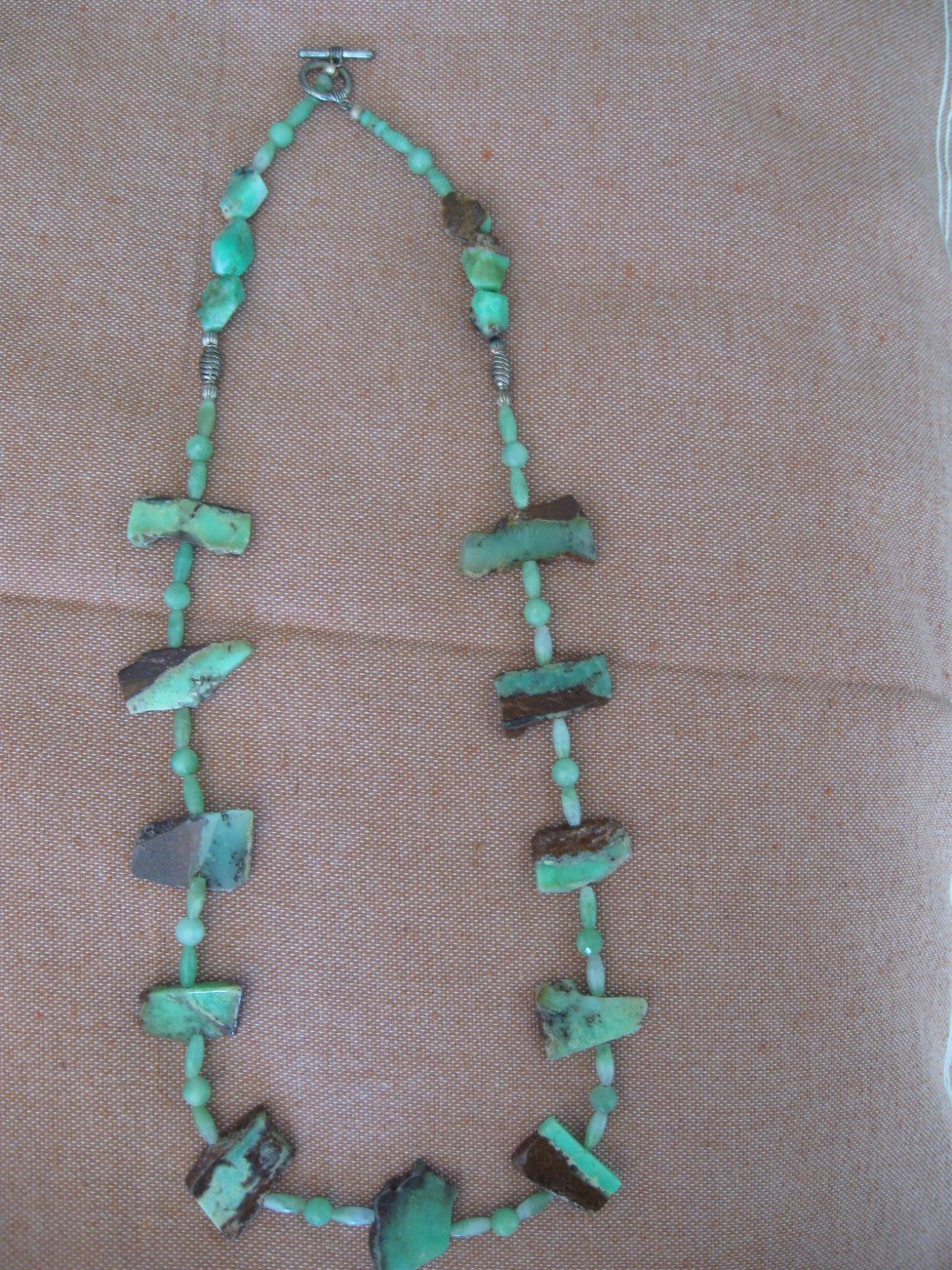 Vintage 32″ Jade & Natural Green Chalcedony Pendent/Silver Beads & Toggle Clasp