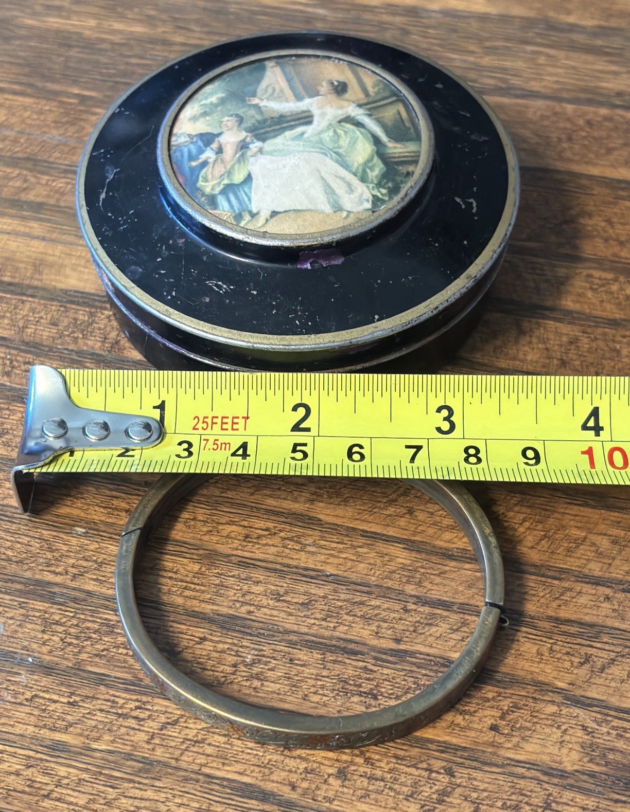 Antique Vintage Circa 1920-1930’s Portrait Tin and Floral Hinged Bangle Bracelet