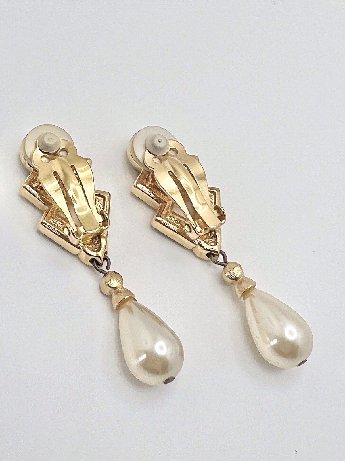 S.A.L. SWAROVSKI Crystal Pearl Drop Art Deco Inspired Gold Tone Clip Earrings