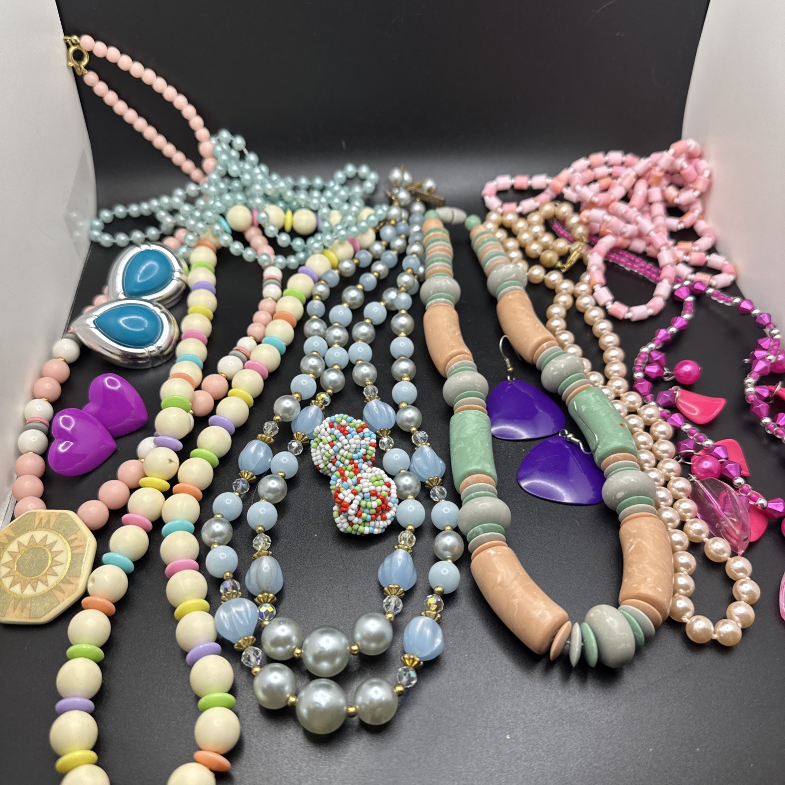 TITLE Vintage Chunky Beaded Necklace Lot Pastel Lucite Statement Jewelry 8 Pc