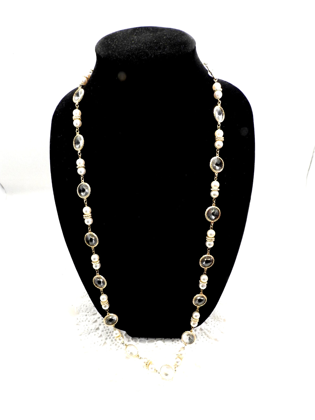 Vintage Gold Tone Faceted Crystal Pearls No Clasp Necklace 34″