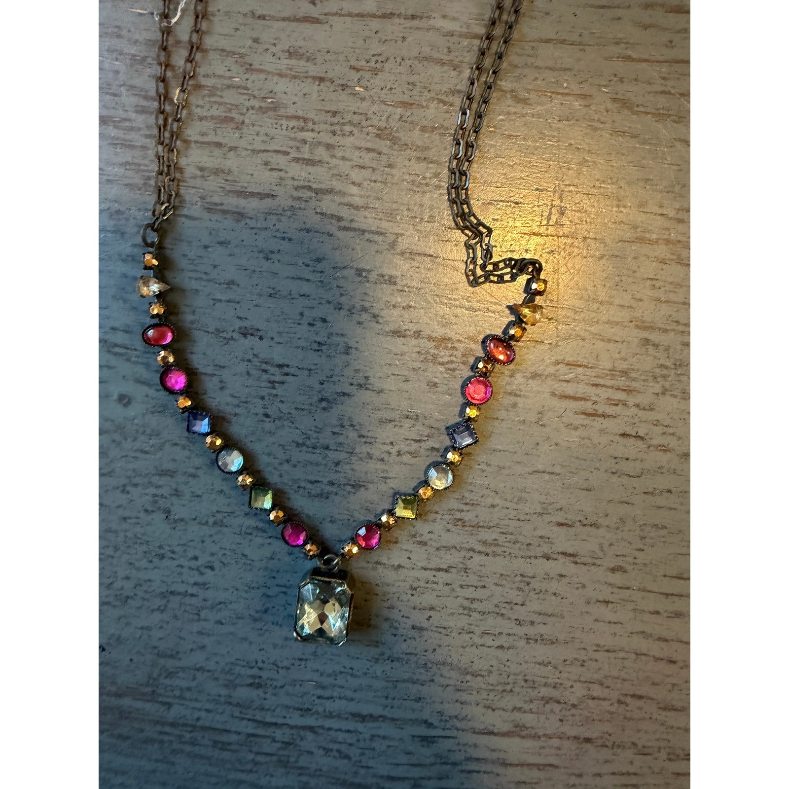 Vintage Multi Color Rhinestone Pendant Necklace Antique Brass Double Chain 18 In